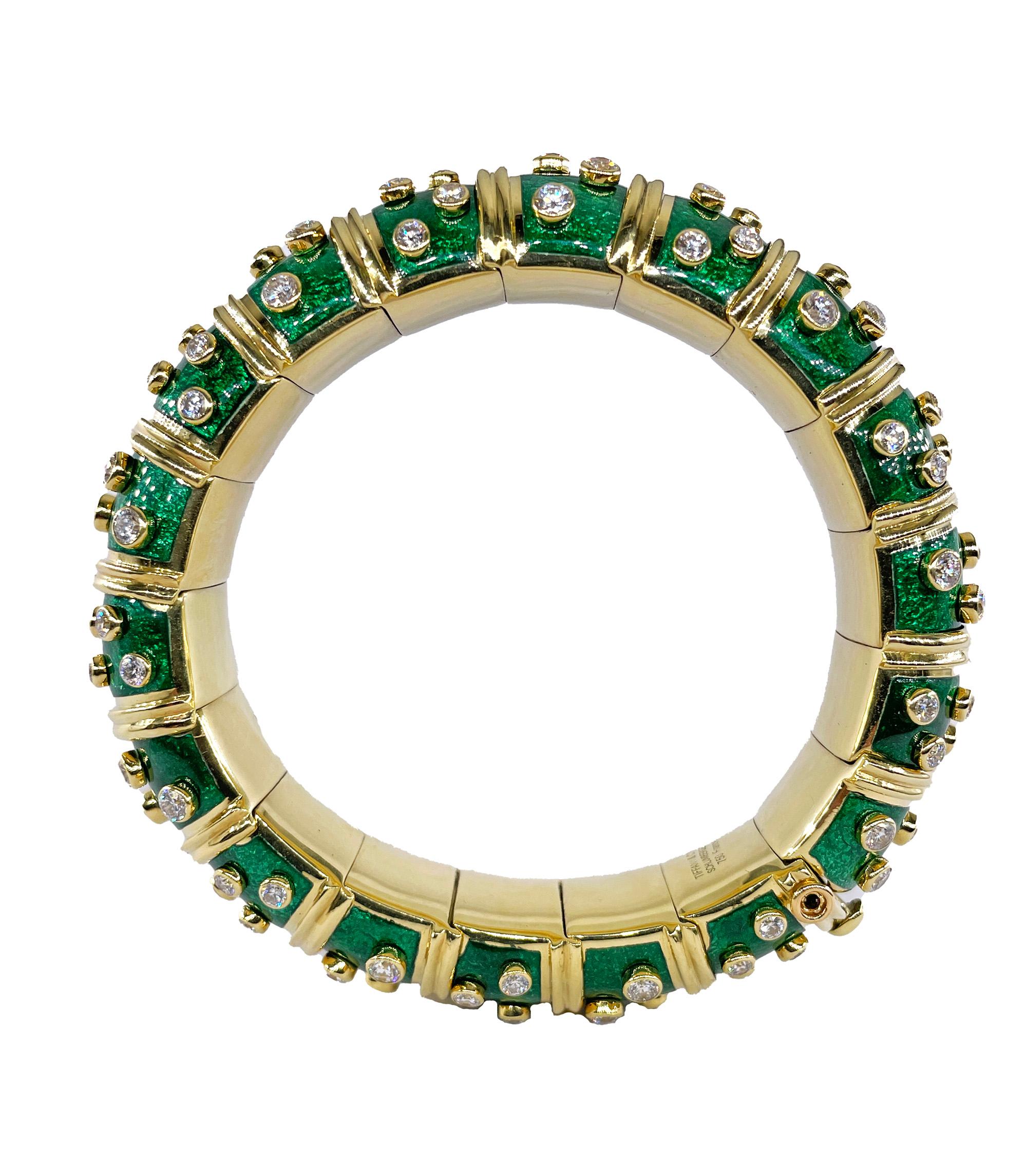 Women's Tiffany & Co. Schlumberger Green Enamel Diamond Bangle Bracelet 18kt Gold France For Sale