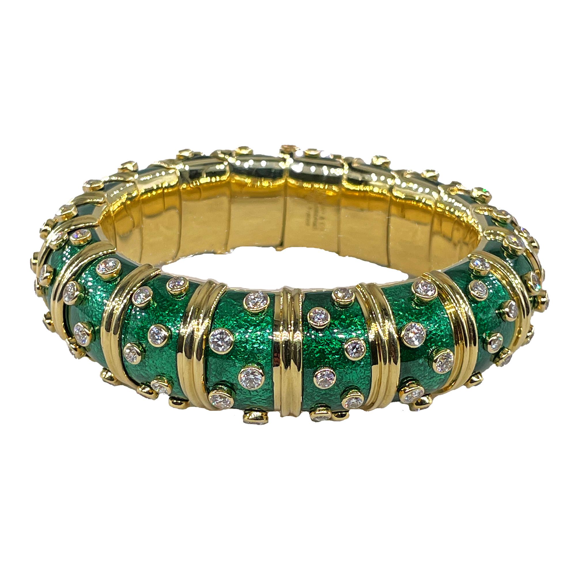 Tiffany & Co. Schlumberger Green Enamel Diamond Bangle Bracelet 18kt Gold France For Sale 1