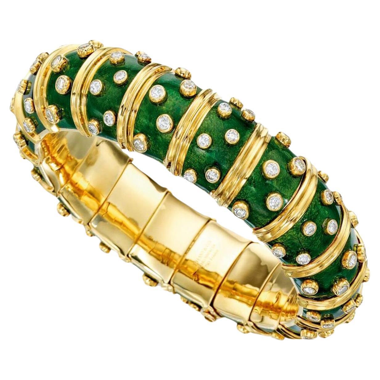 Tiffany & Co. Schlumberger Green Enamel Diamond Bangle Bracelet 18kt Gold France