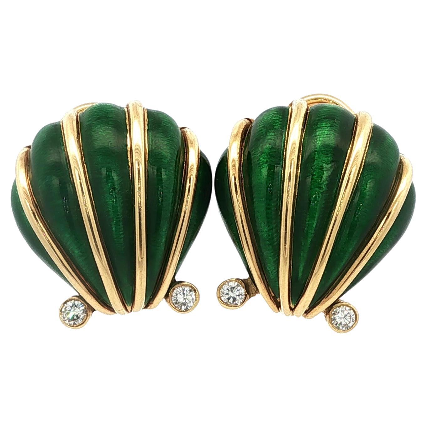 Tiffany 
Co. Schlumberger Green Enamel Shell Earrings 18K Yellow Gold For Sale