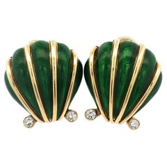 Tiffany 
Co. Schlumberger Green Enamel Shell Earrings 18K Yellow Gold