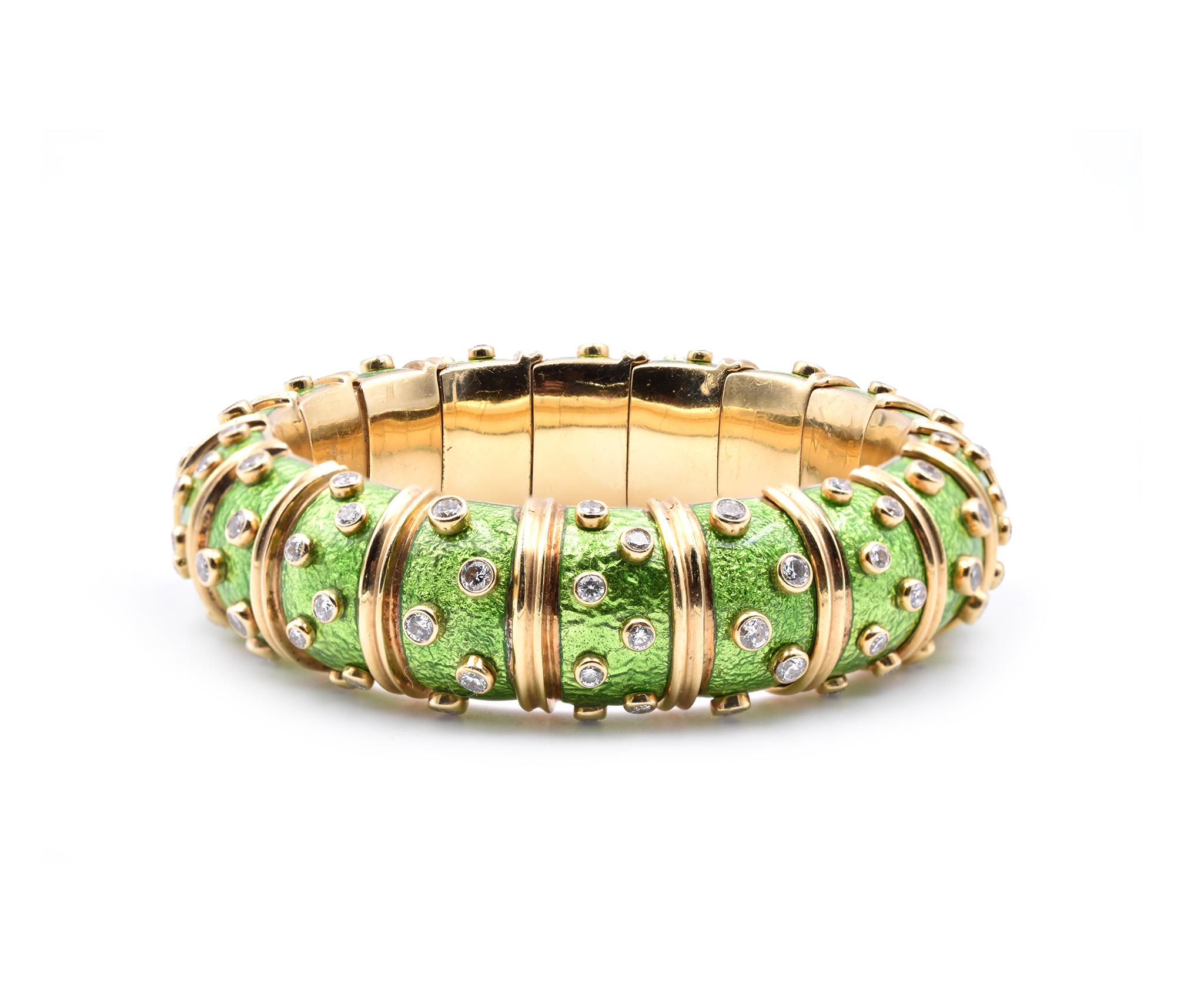 Designer: Tiffany & Co.
Material: 18k yellow gold and green Paillonne enamel
Diamonds: 108 round brilliant cuts = 5.20 cttw 
Color: G
Clarity: VS
Dimensions: bracelet measures 18.50mm in width, will fit a 7-inch wrist
Weight: 122.4 grams
646-638