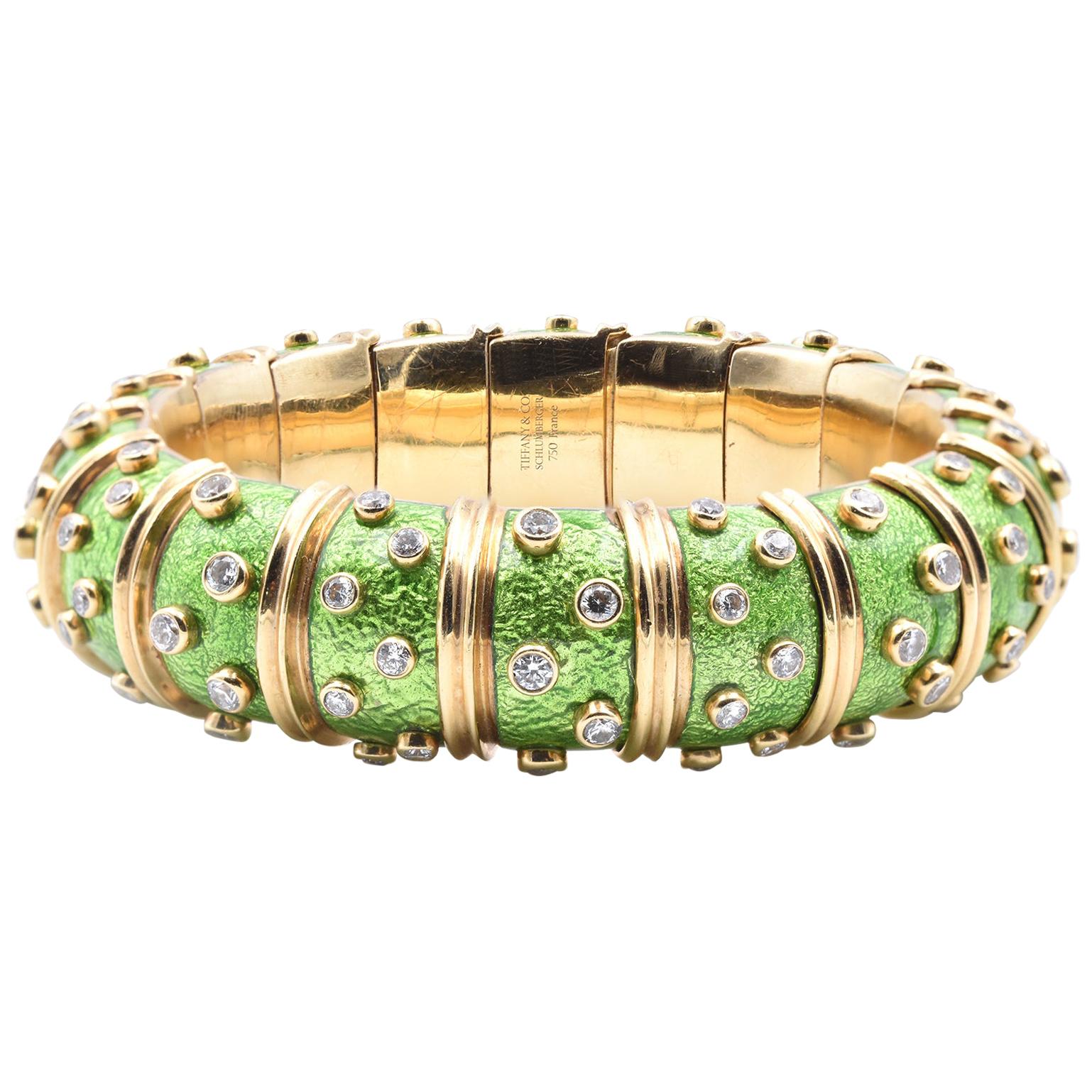 Tiffany & Co. Schlumberger Green Paillonne and Diamond Bangle Bracelet