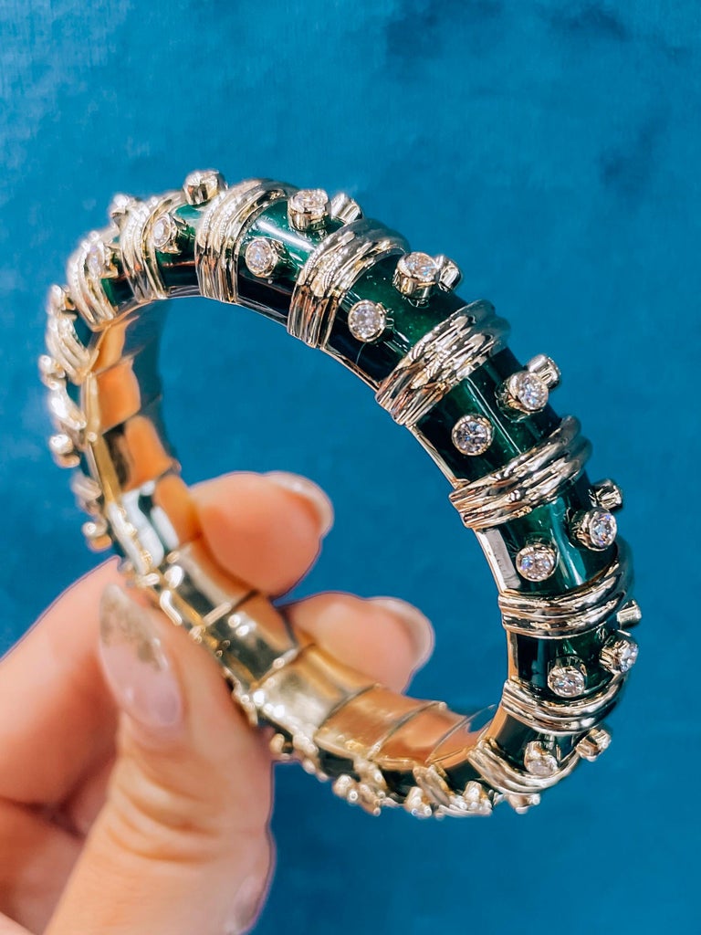 Tiffany & Co. Schlumberger Green Paillonne Enamel Diamond Bangle Bracelet In Excellent Condition In New York, NY