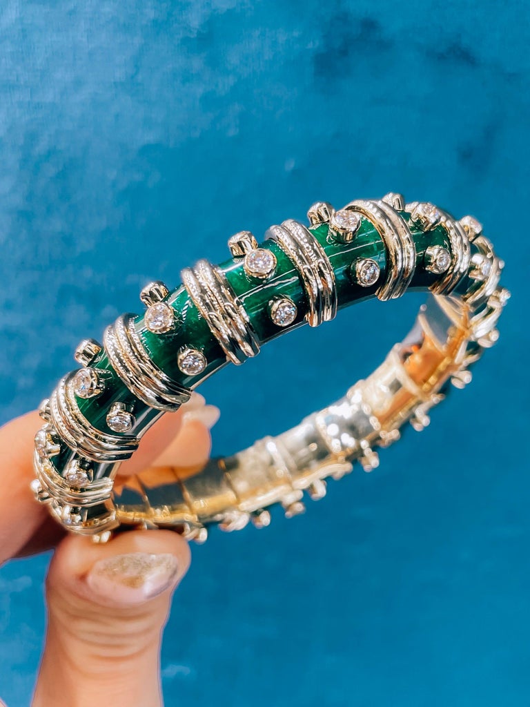 Women's or Men's Tiffany & Co. Schlumberger Green Paillonne Enamel Diamond Bangle Bracelet
