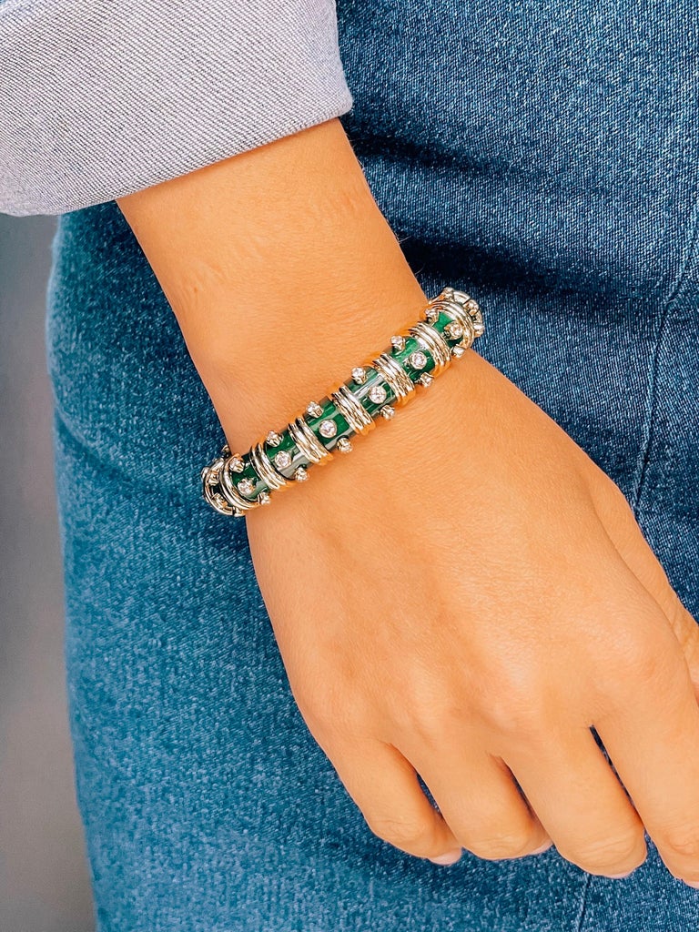 Tiffany & Co. Schlumberger Green Paillonne Enamel Diamond Bangle Bracelet 2