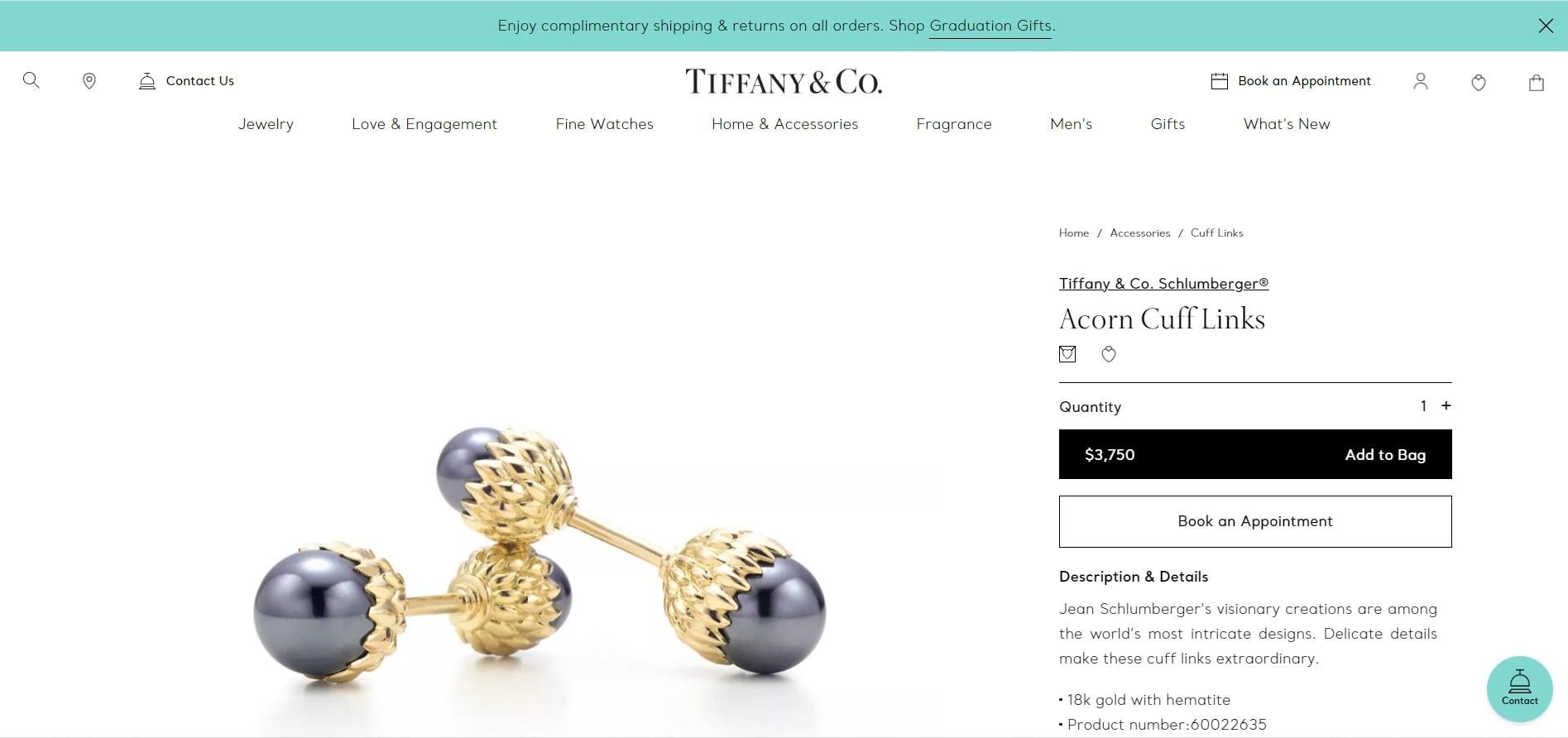Tiffany & Co. Schlumberger Hematite 18 Karat Gold Acorn Cufflinks 2