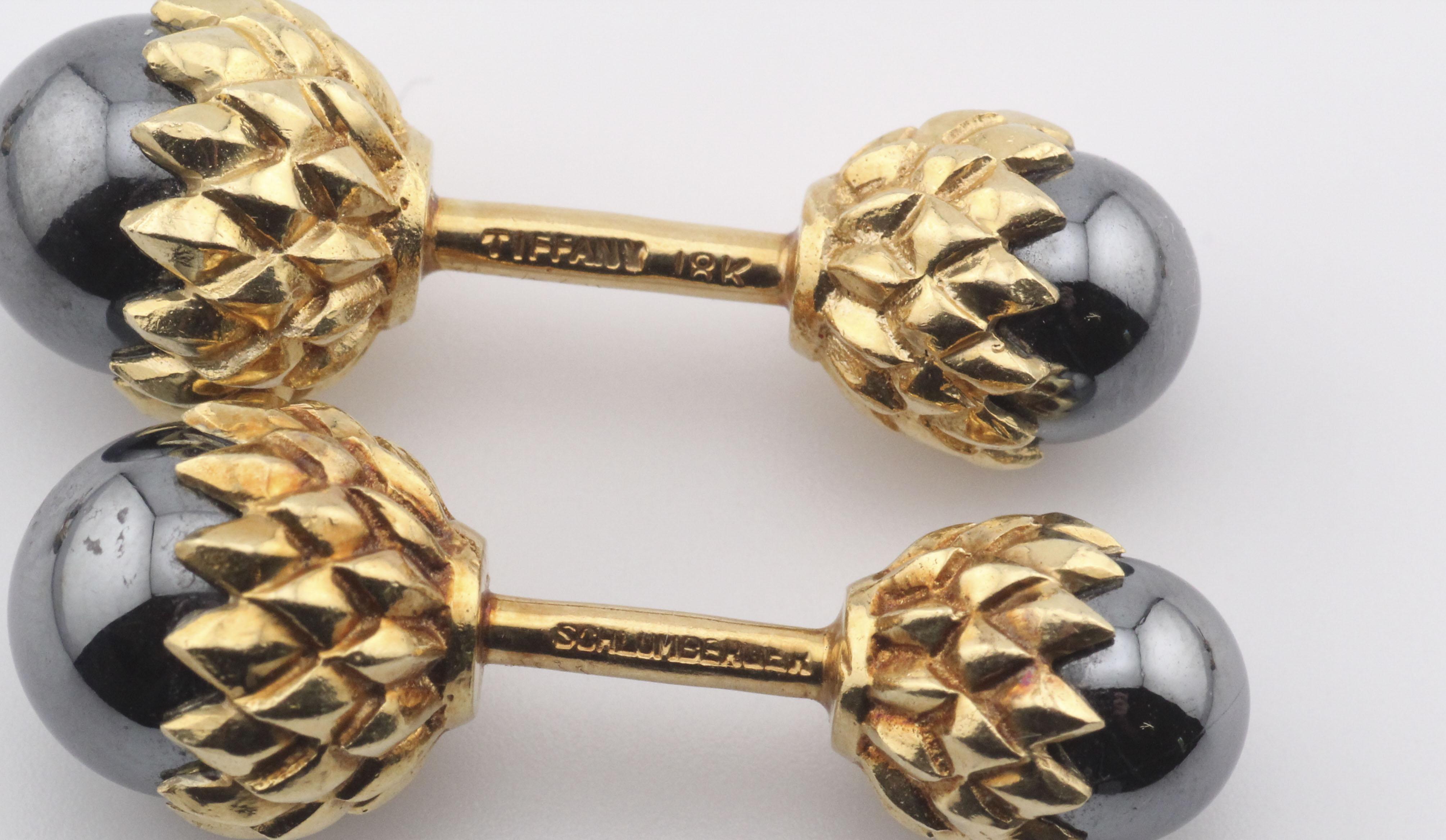 Men's Tiffany & Co Schlumberger Hematite 18k Gold Acorn Cufflinks Studs Dress Set