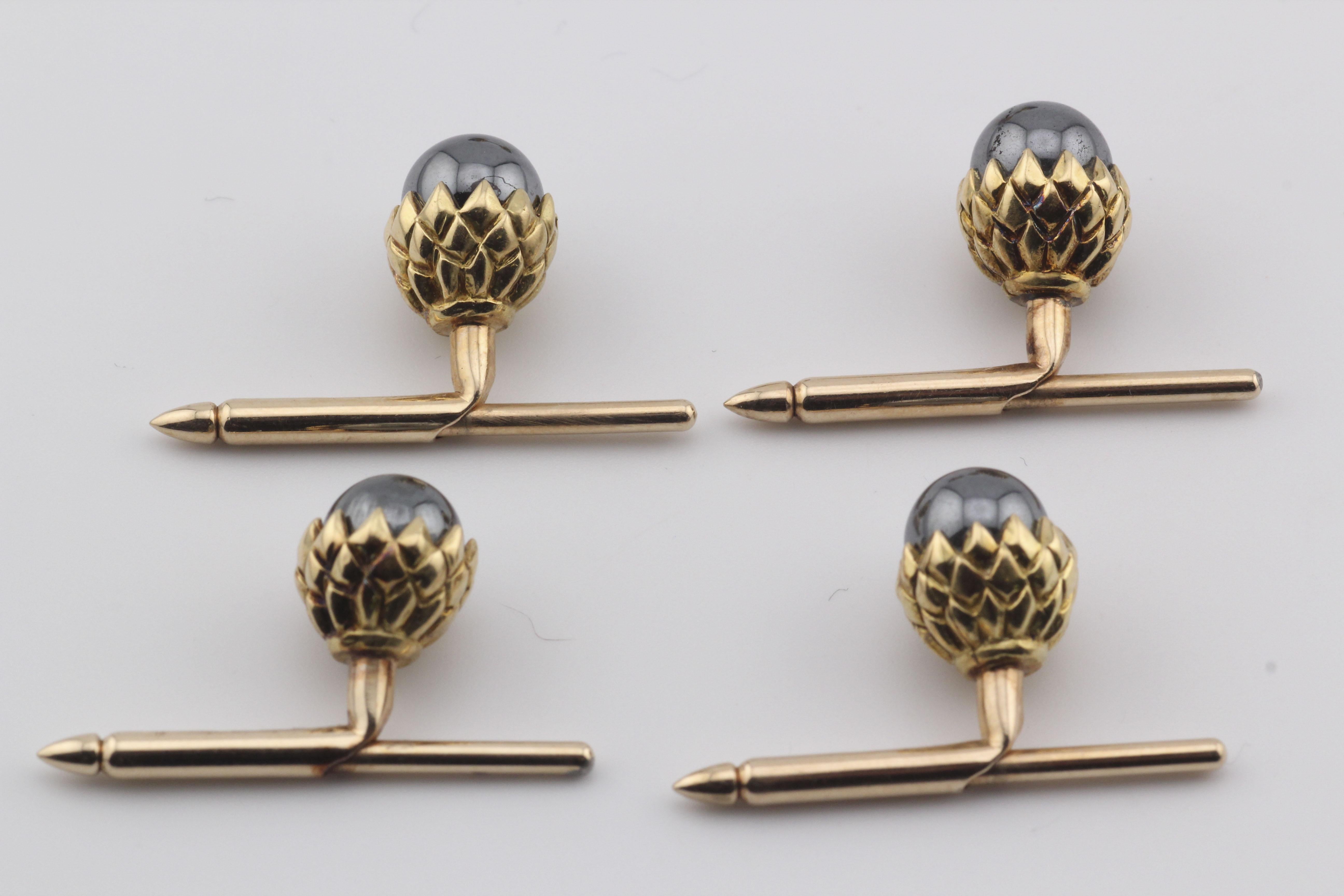 Tiffany & Co Schlumberger Hematite 18k Gold Acorn Cufflinks Studs Dress Set 1
