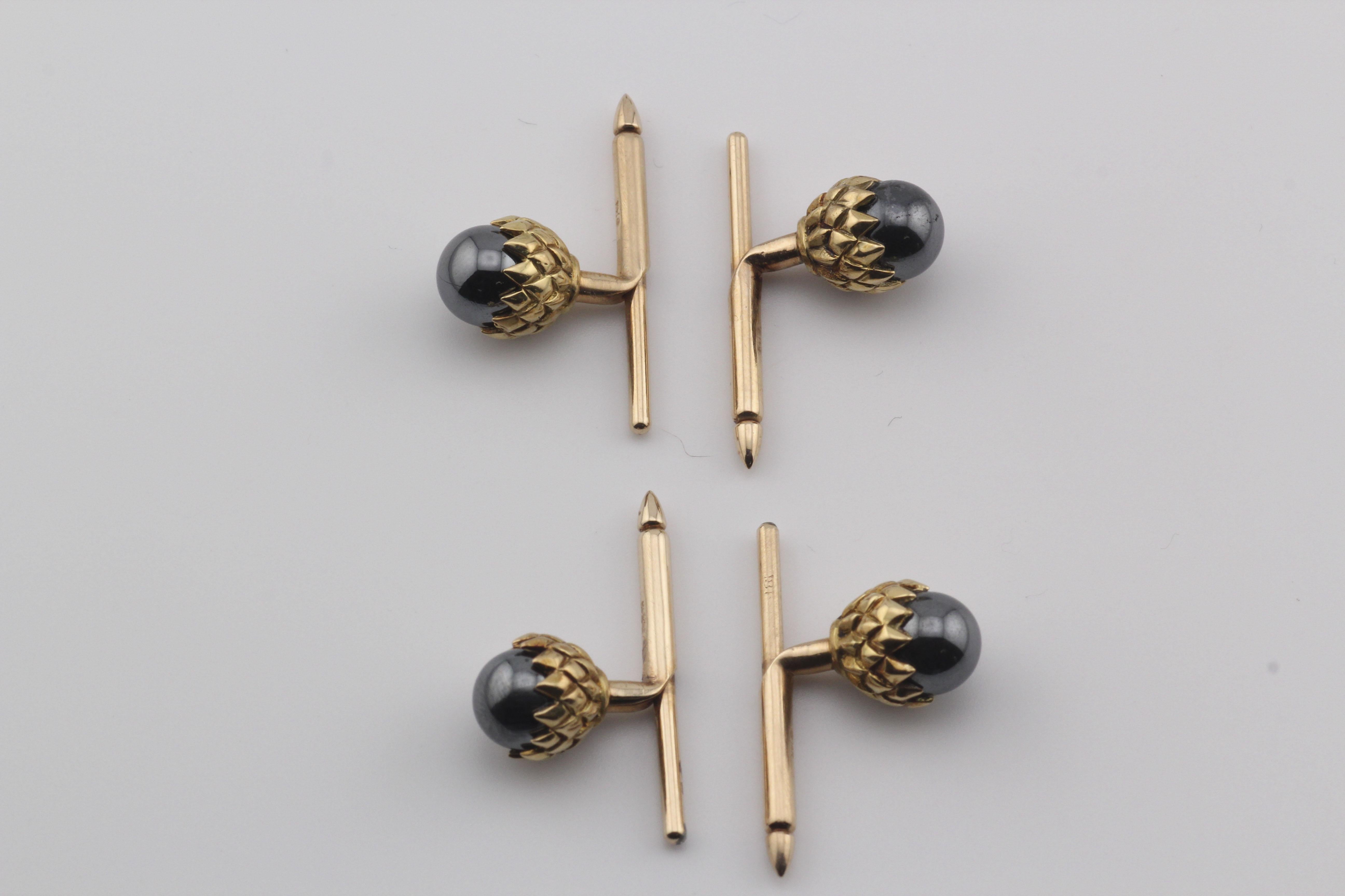 Tiffany & Co Schlumberger Hematite 18k Gold Acorn Cufflinks Studs Dress Set 2