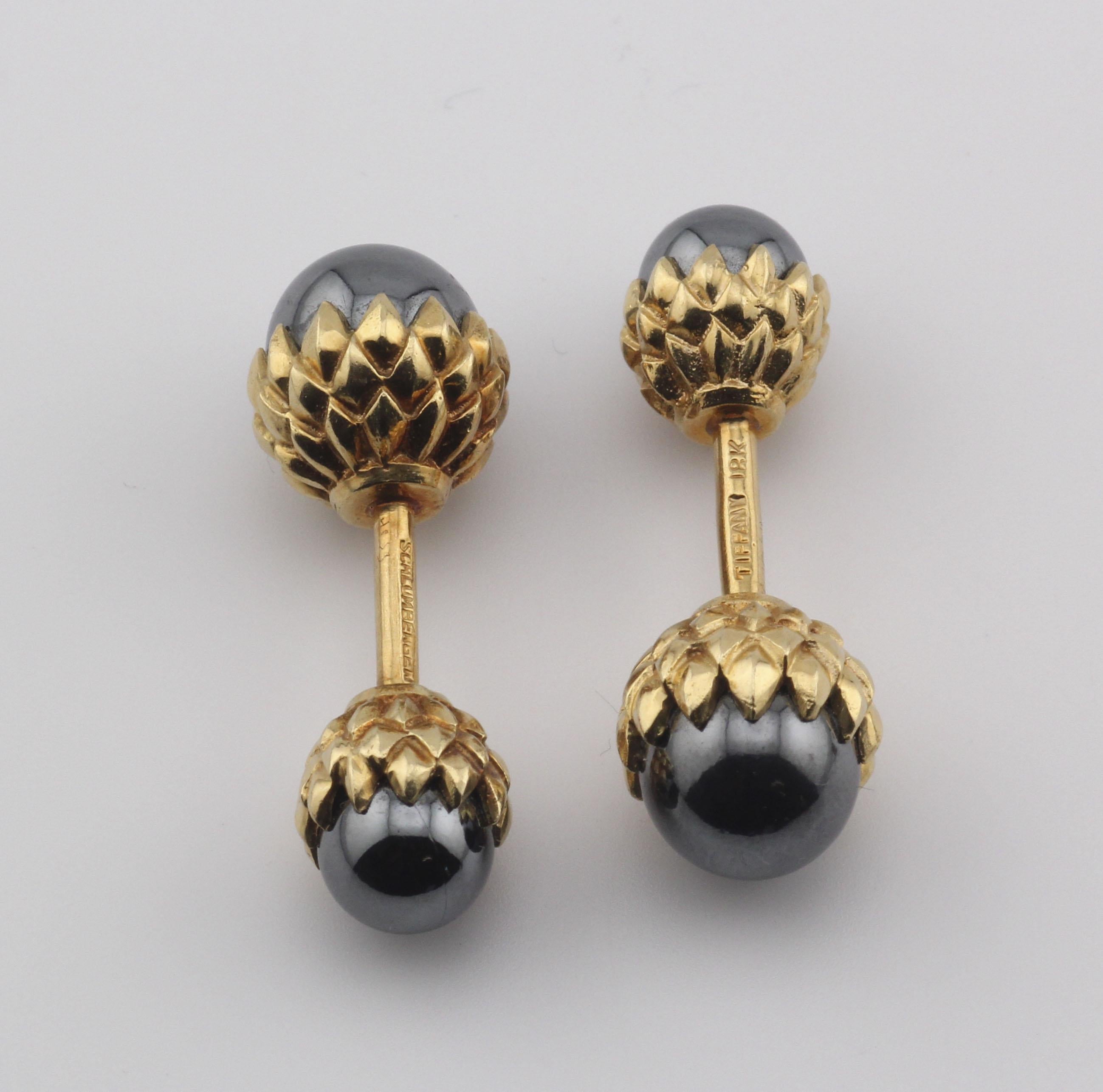 Tiffany & Co Schlumberger Hematite 18k Gold Acorn Cufflinks Studs Dress Set 3