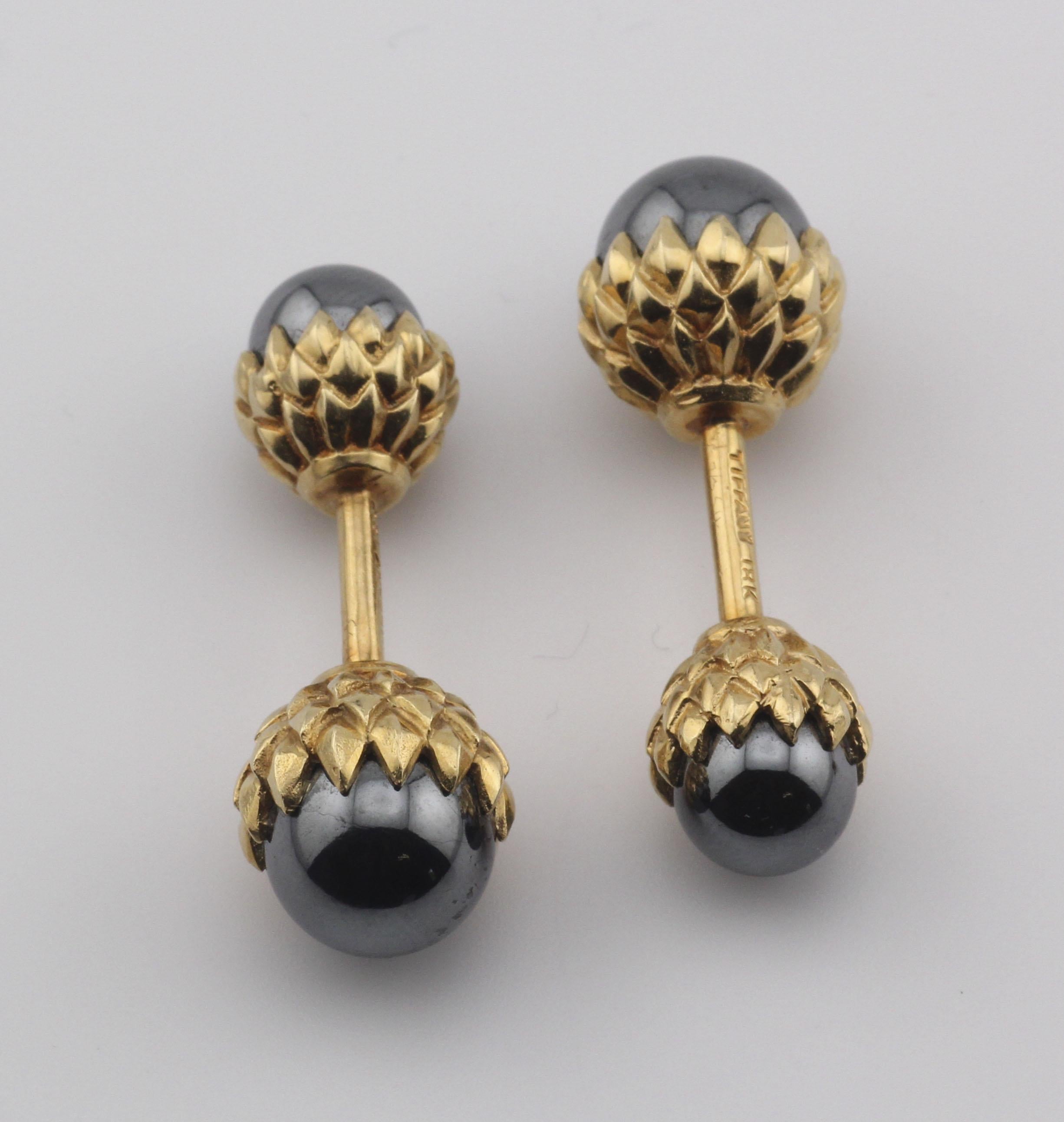 Tiffany & Co Schlumberger Hematite 18k Gold Acorn Cufflinks Studs Dress Set 4