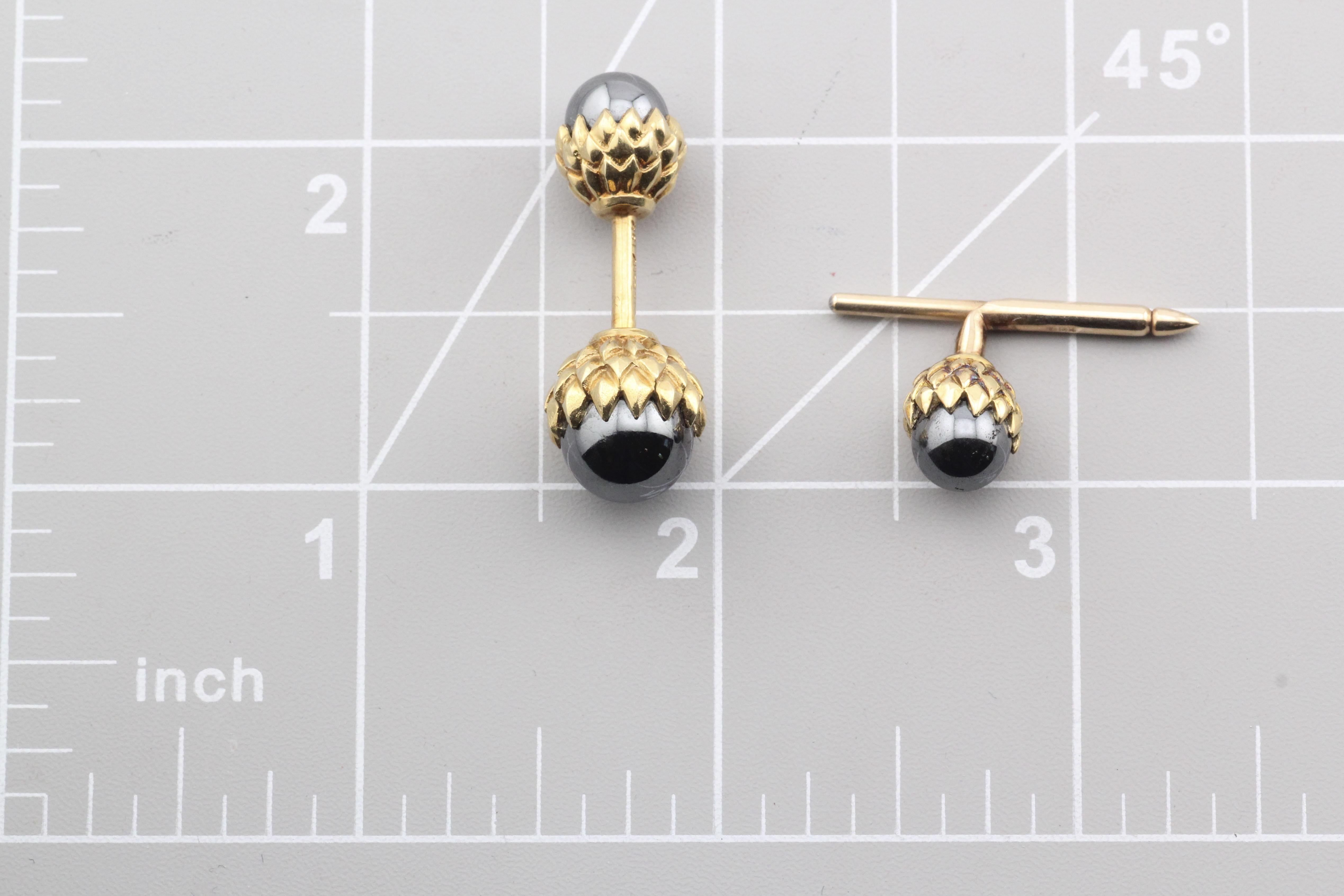 Tiffany & Co Schlumberger Hematite 18k Gold Acorn Cufflinks Studs Dress Set 5