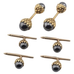Tiffany & Co Schlumberger Hematite 18k Gold Acorn Cufflinks Studs Dress Set