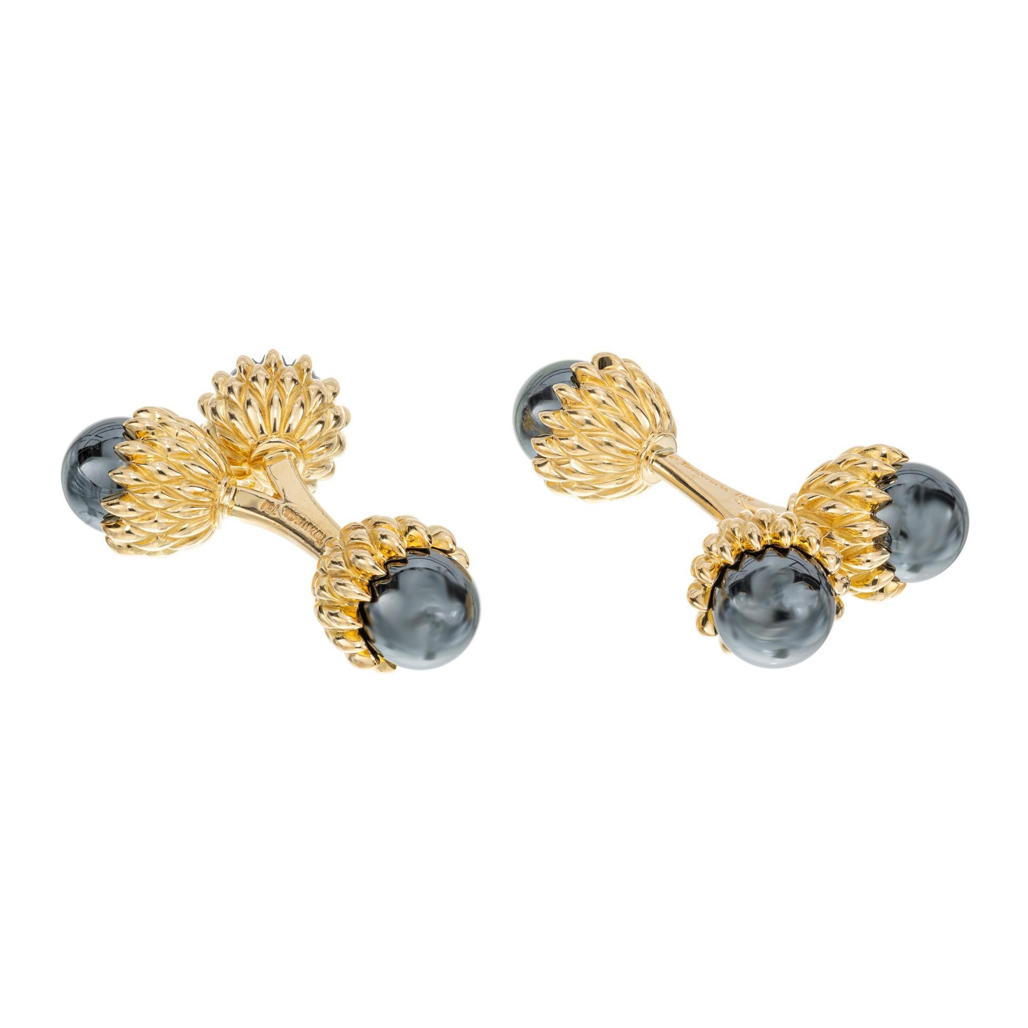 Round Cut Tiffany & Co Schlumberger Hematite Yellow Gold Double Acorn Cufflinks  For Sale