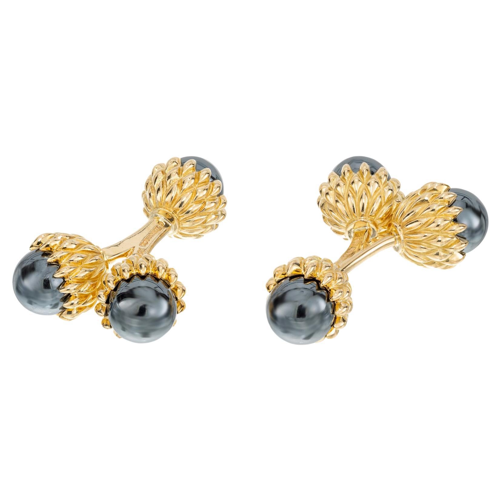 Tiffany & Co Schlumberger Hematite Yellow Gold Double Acorn Cufflinks  For Sale