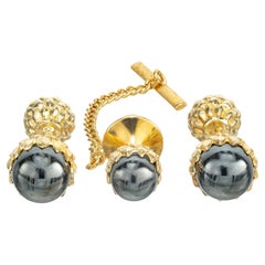 Tiffany & Co. Schlumberger Hematite Yellow Gold Tie Set Acorn Cufflinks