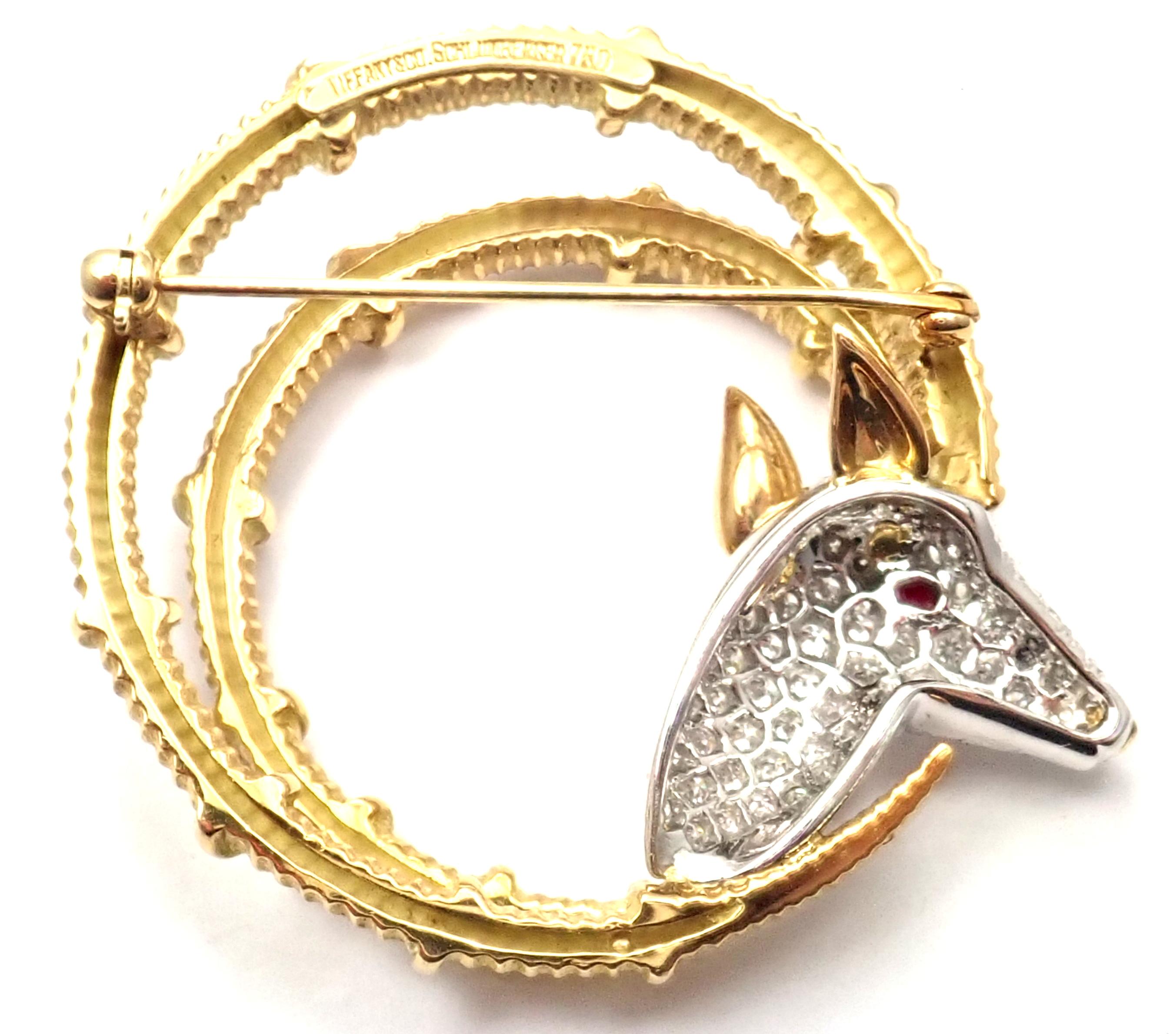 Brilliant Cut Tiffany & Co. Schlumberger Ibex Diamond Ruby Gold Platinum Brooch
