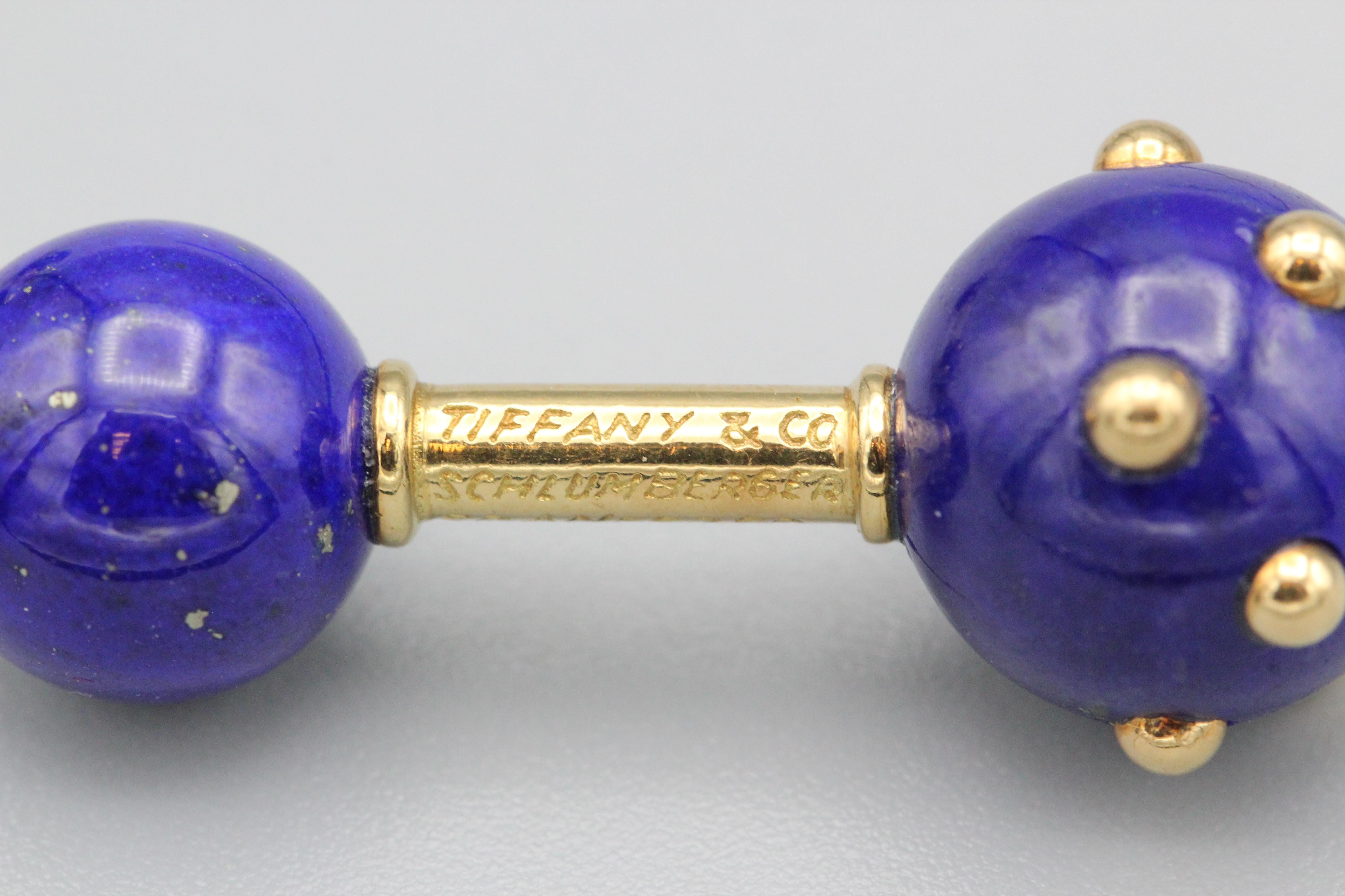 Tiffany & Co. Schlumberger Lapis 18 Karat Gold Dumbbell Cufflinks In Excellent Condition In New York, NY