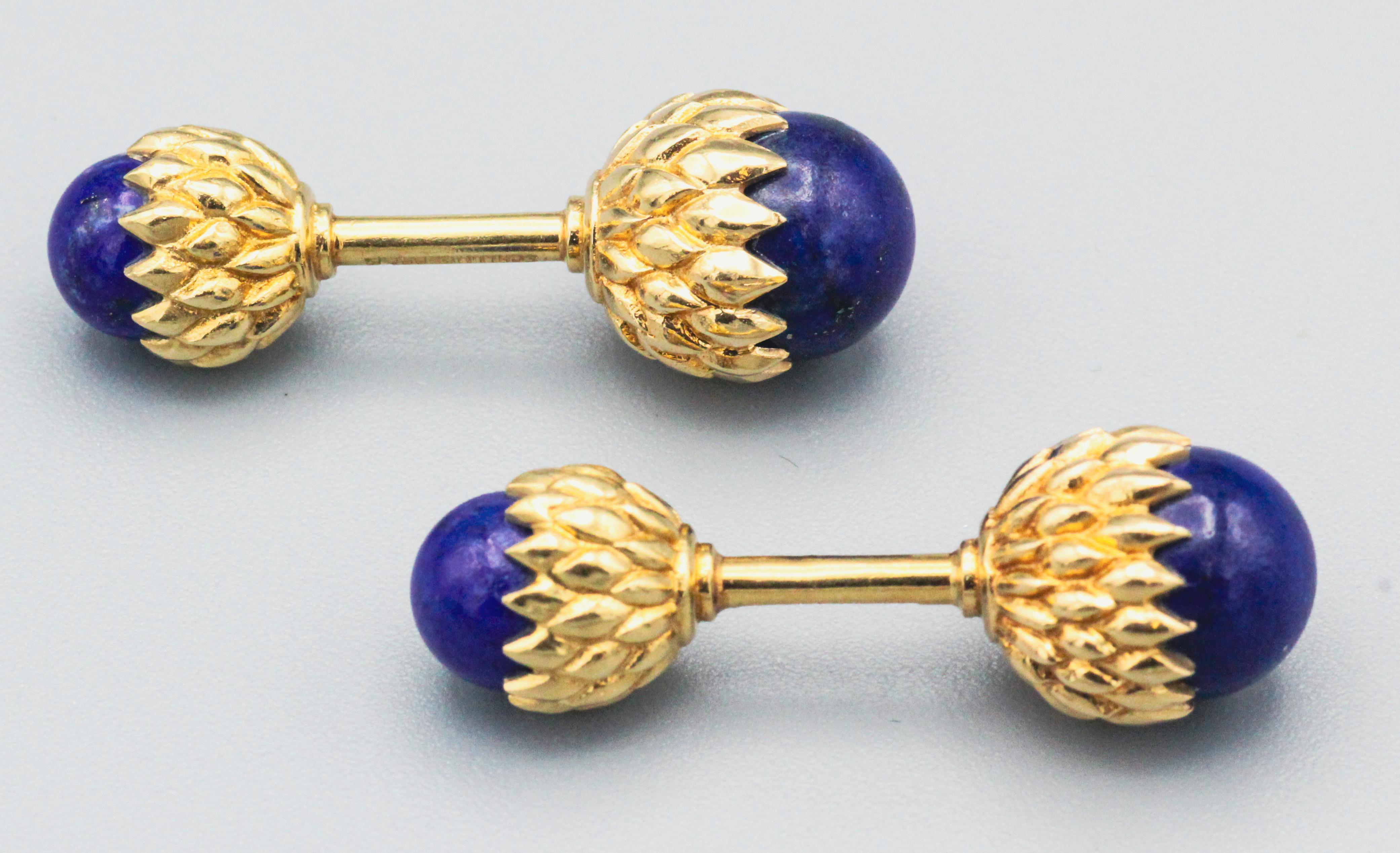 Contemporary TIFFANY & CO.  SCHLUMBERGER Lapis 18k Gold Acorn Cufflinks For Sale
