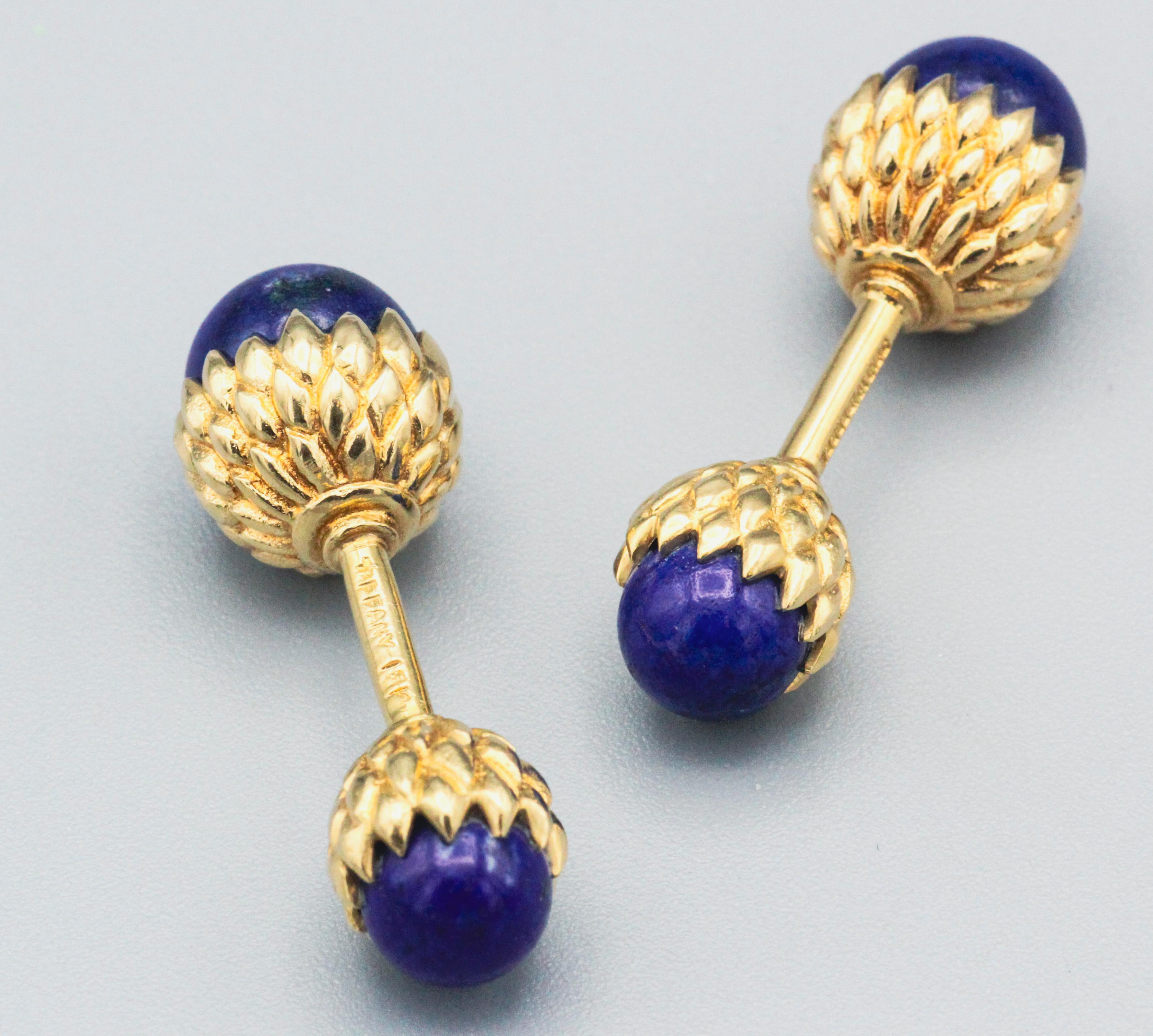 Cabochon TIFFANY & CO.  SCHLUMBERGER Lapis 18k Gold Acorn Cufflinks For Sale
