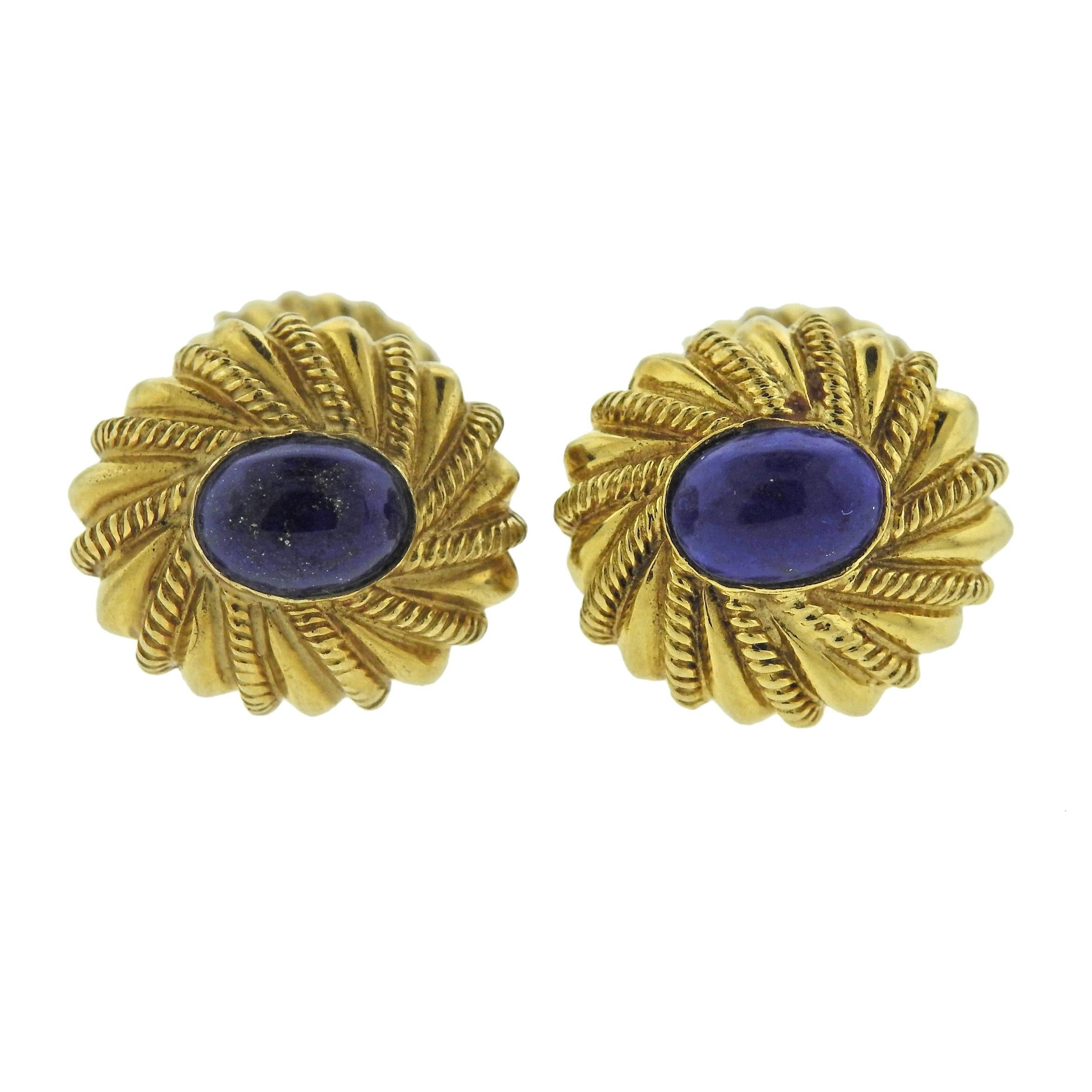 Pair of 18k yellow gold cufflinks, crafted by Jean Schlumbeger for Tiffany & Co, set with lapis lazuli.  Cufflink top - 17mm x 16mm, back - 11mm x 9mm, weigh 15.7 grams. Marked: Tiffany 18k, Schlumberger.