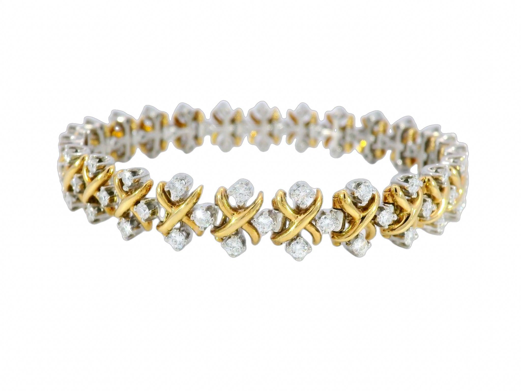 Round Cut Tiffany & Co. Schlumberger Lynn Diamond Bracelet 18k Yellow Gold/Platinum 3CTW For Sale
