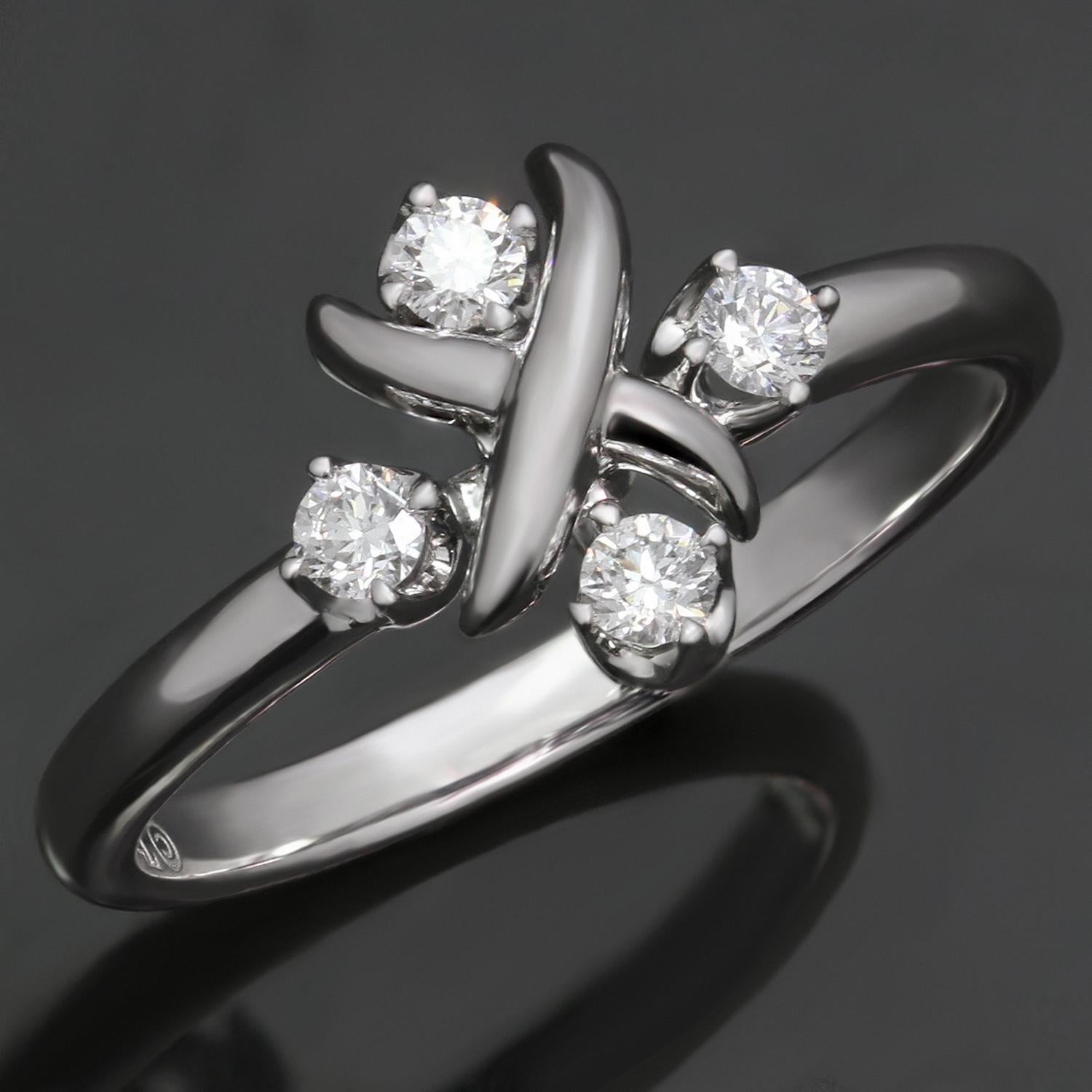 With the iconic Schlumberger X design, this dazzling Tiffany & Co. Lynn ring exudes timeless elegance. Crafted in platinum and set with brilliant-cut diamonds of an estimated 0.20 carats. Made in United States circa 2010s. Measurements: 0.38