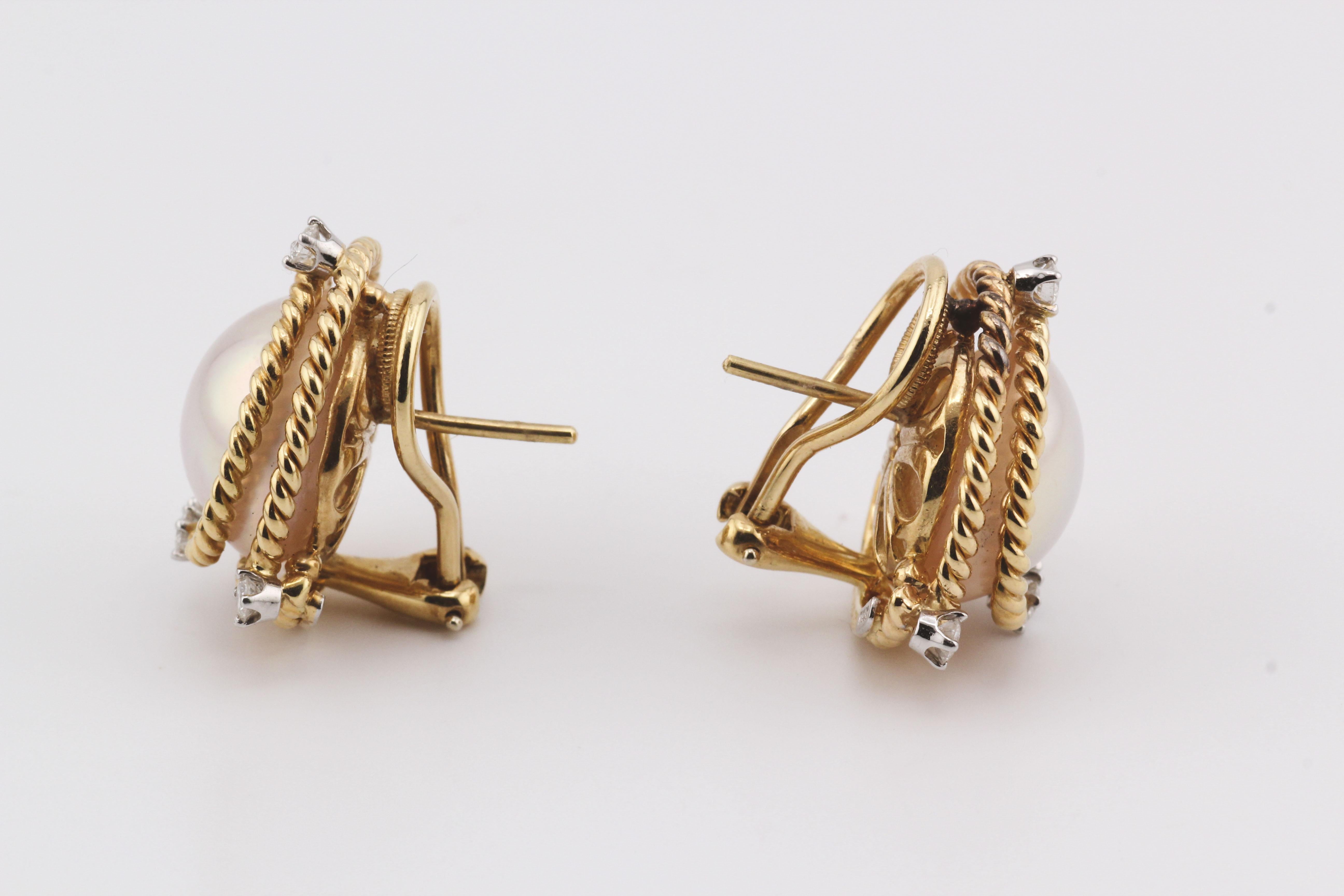 Taille brillant Tiffany & Co. Schlumberger Mabe Boucles d'oreilles corde en or 18k platine perle diamant en vente