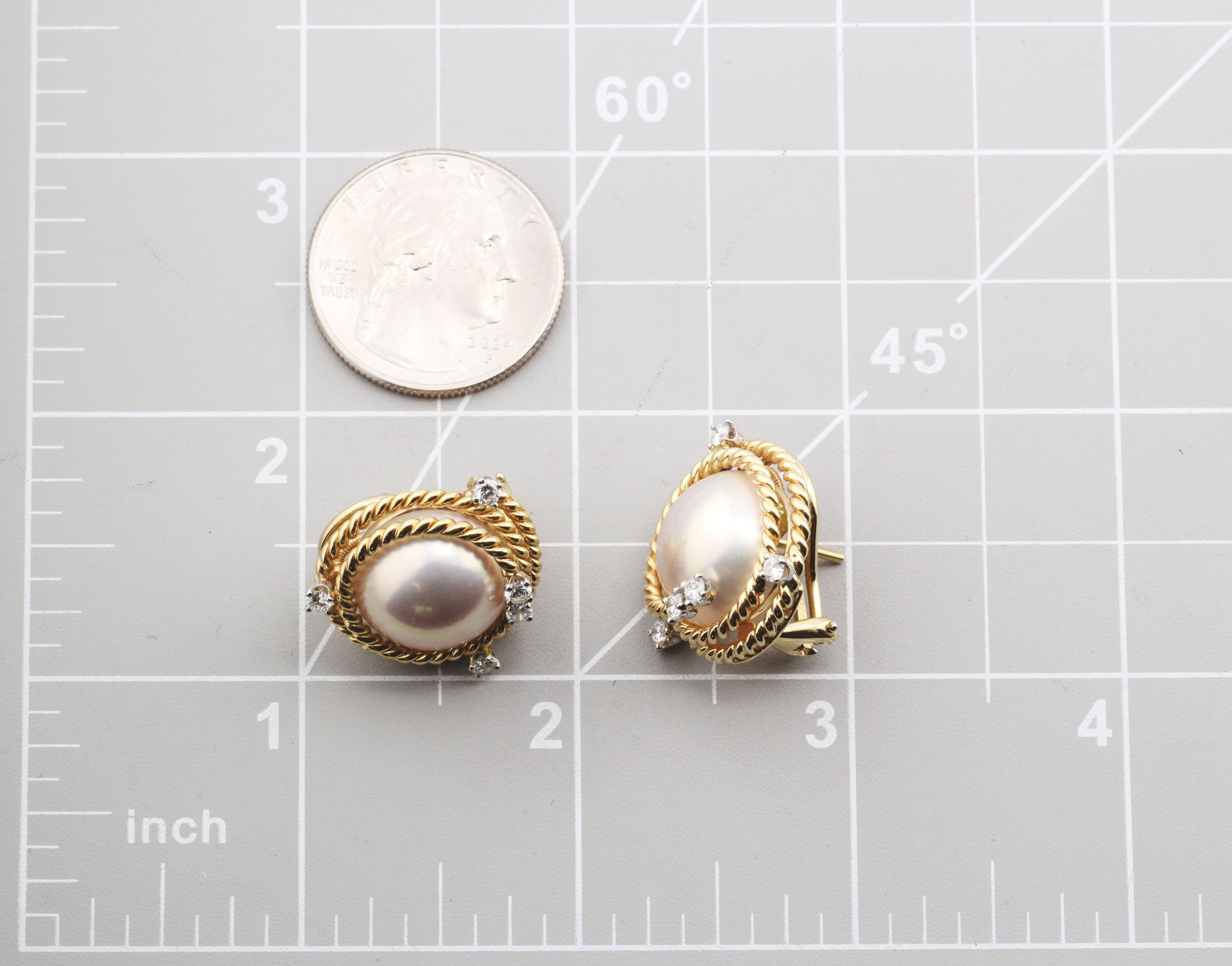 Tiffany & Co. Schlumberger Mabe Boucles d'oreilles corde en or 18k platine perle diamant en vente 2