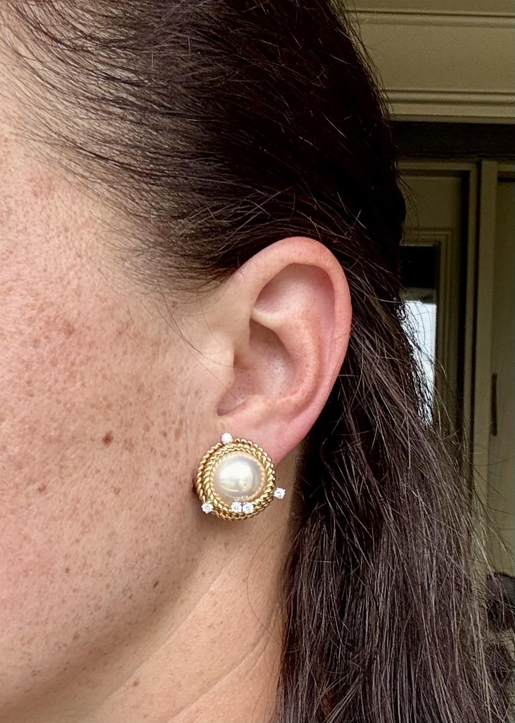 Tiffany & Co. Schlumberger Mabe Boucles d'oreilles corde en or 18k platine perle diamant en vente 3