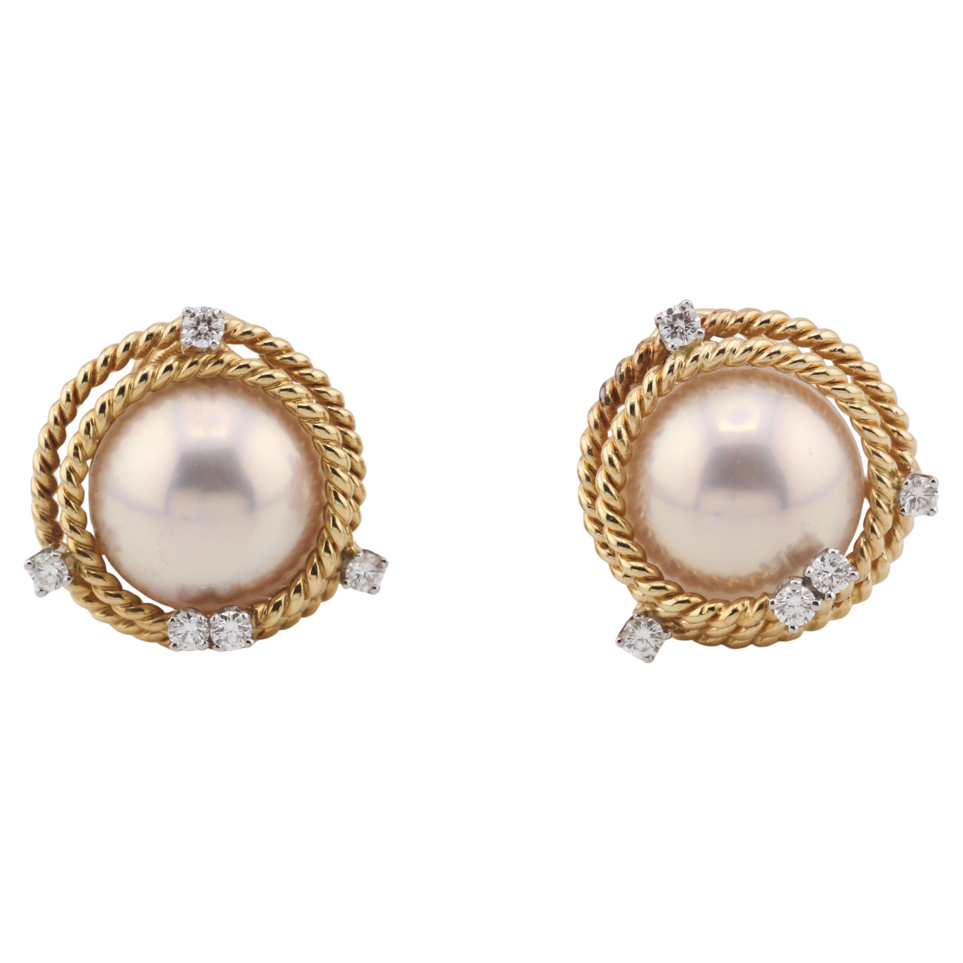 Tiffany & Co. Schlumberger Mabe Pearl Diamond 18k Gold Platinum Rope Earrings