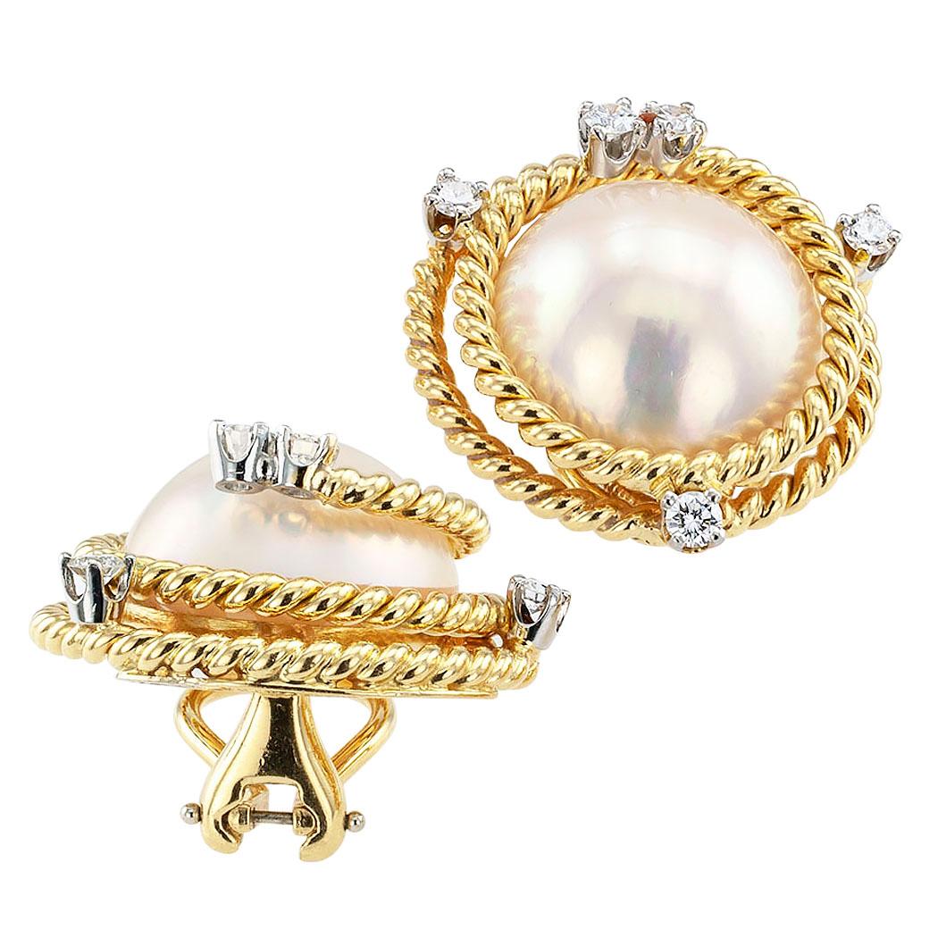 Modern Tiffany & Co. Schlumberger Mabe Pearl Diamond Ear Clips