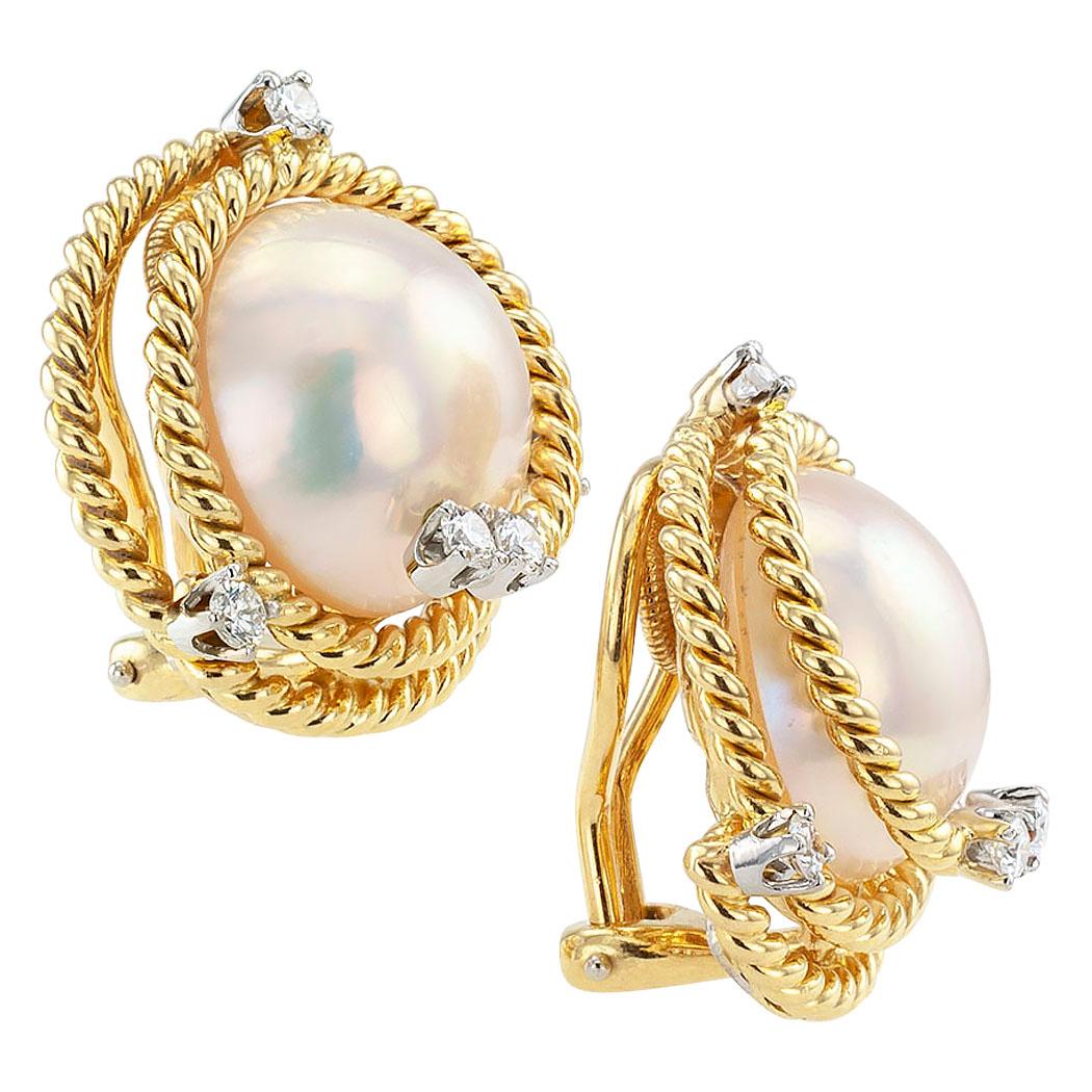 Tiffany & Co. Schlumberger Mabe Pearl Diamond Ear Clips In Excellent Condition In Los Angeles, CA