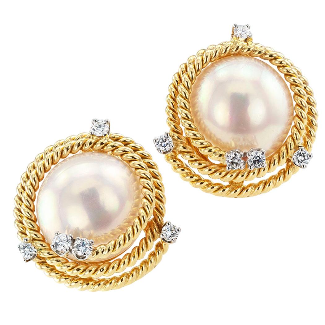 Tiffany & Co. Schlumberger Mabe Pearl Diamond Ear Clips 1