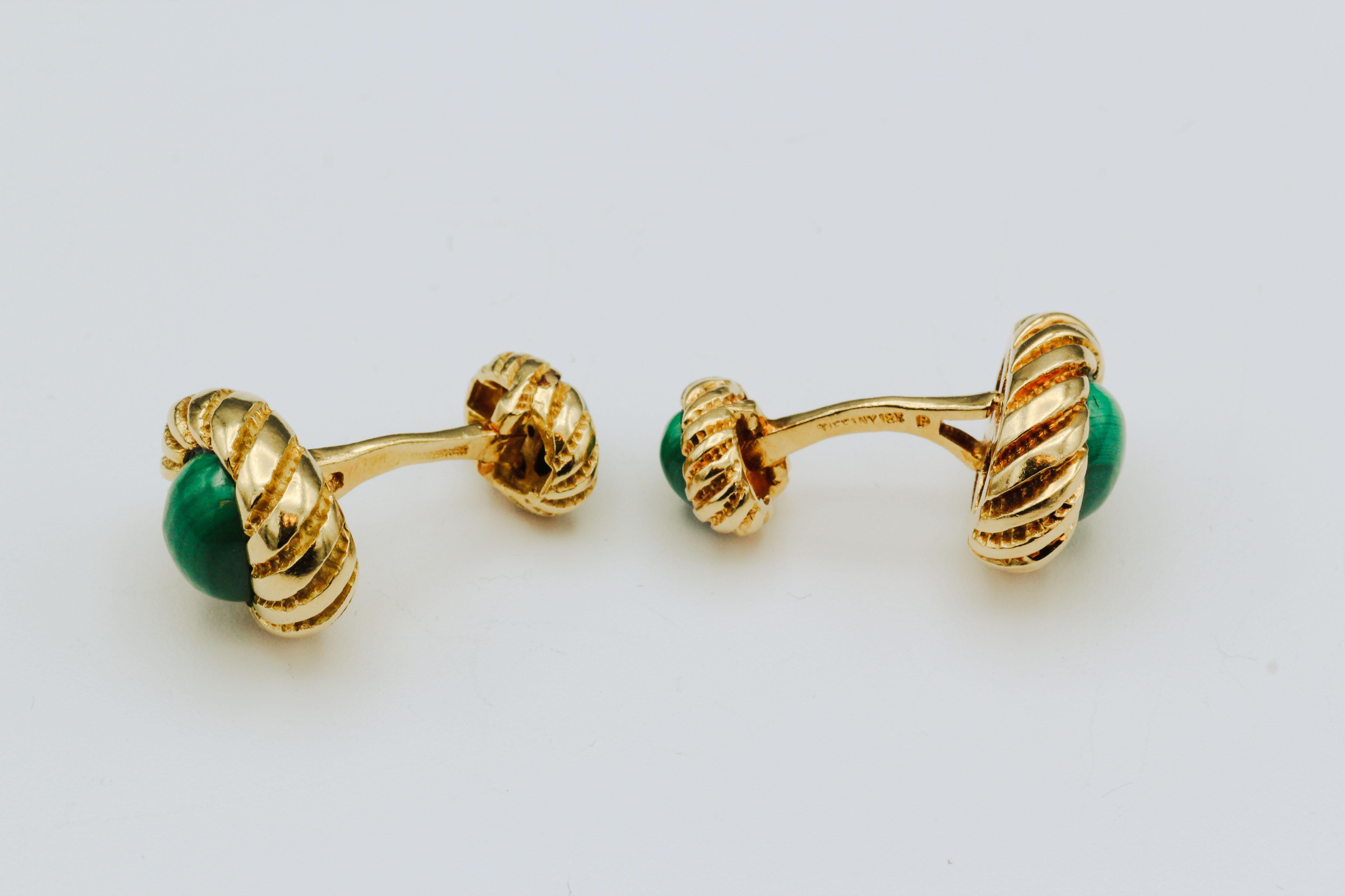 Cabochon Tiffany & Co. Schlumberger Malachite 18 Karat Gold Cufflinks For Sale