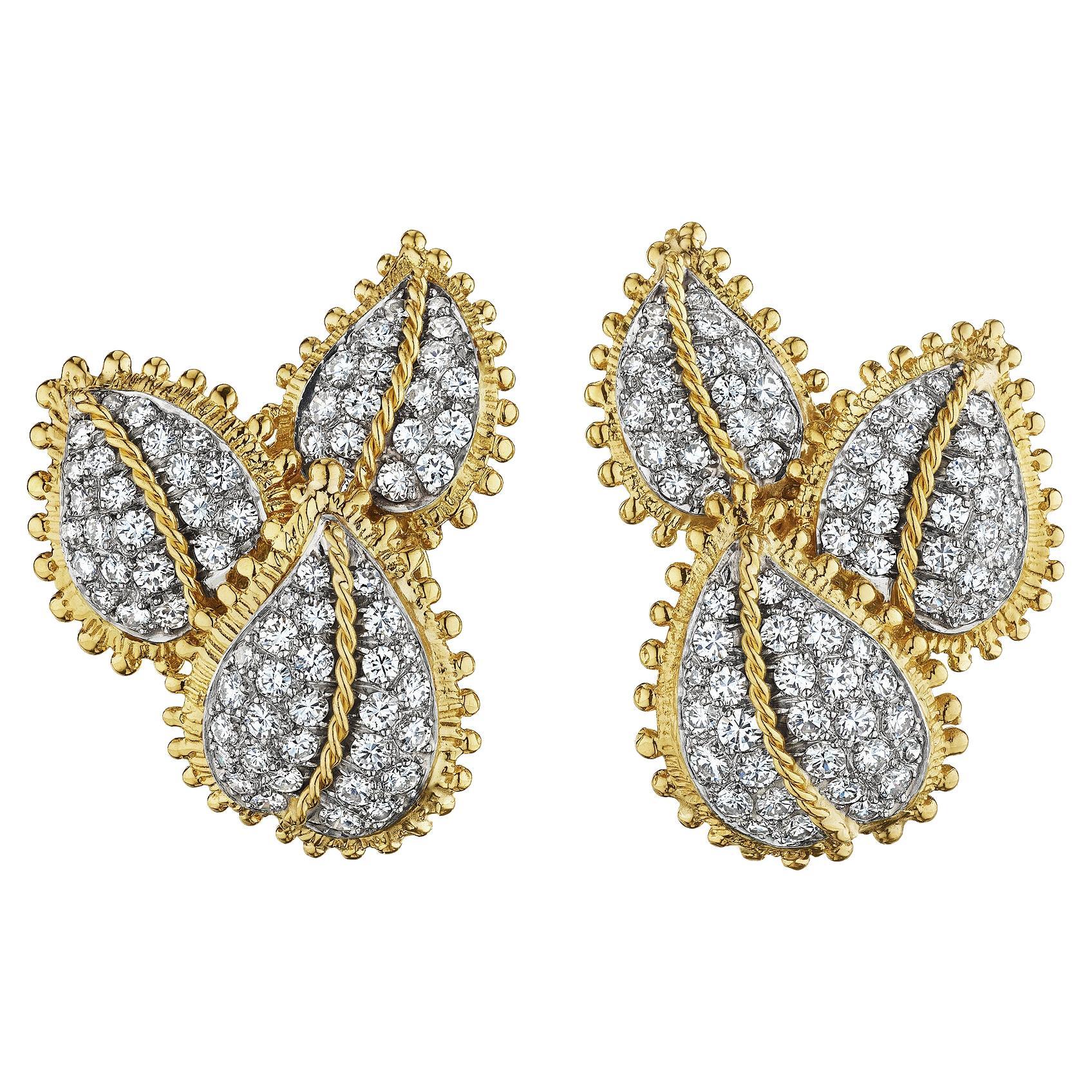 Tiffany & Co. Schlumberger Modernist Diamond Platinum Gold Clip Leaf Earrings