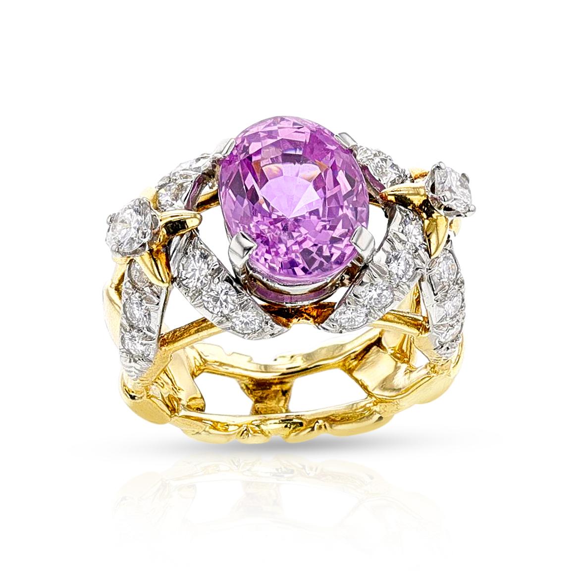 A rare and remarkable ring by Jean Schlumberger, prong-set with a beautiful and fine-quality oval-shaped mixed-cut pink sapphire, accented with round brilliant-cut diamonds set in the classic woven gold work. The ring is signed and marked ‘Tiffany &