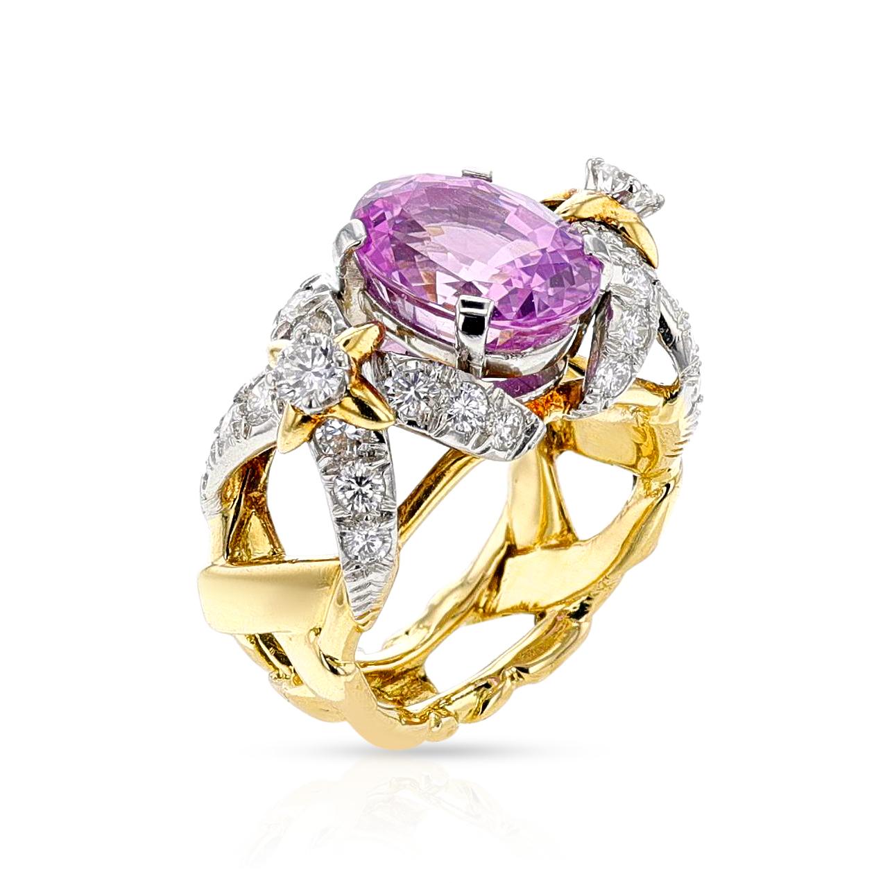 Oval Cut Tiffany & Co. Schlumberger Natural Pink Sapphire and Diamond Ring, PT and Gold