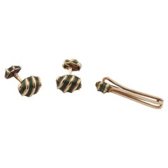Tiffany & Co. Schlumberger Olive Green Enamel & 18K Gold Cufflinks and Tie Bar