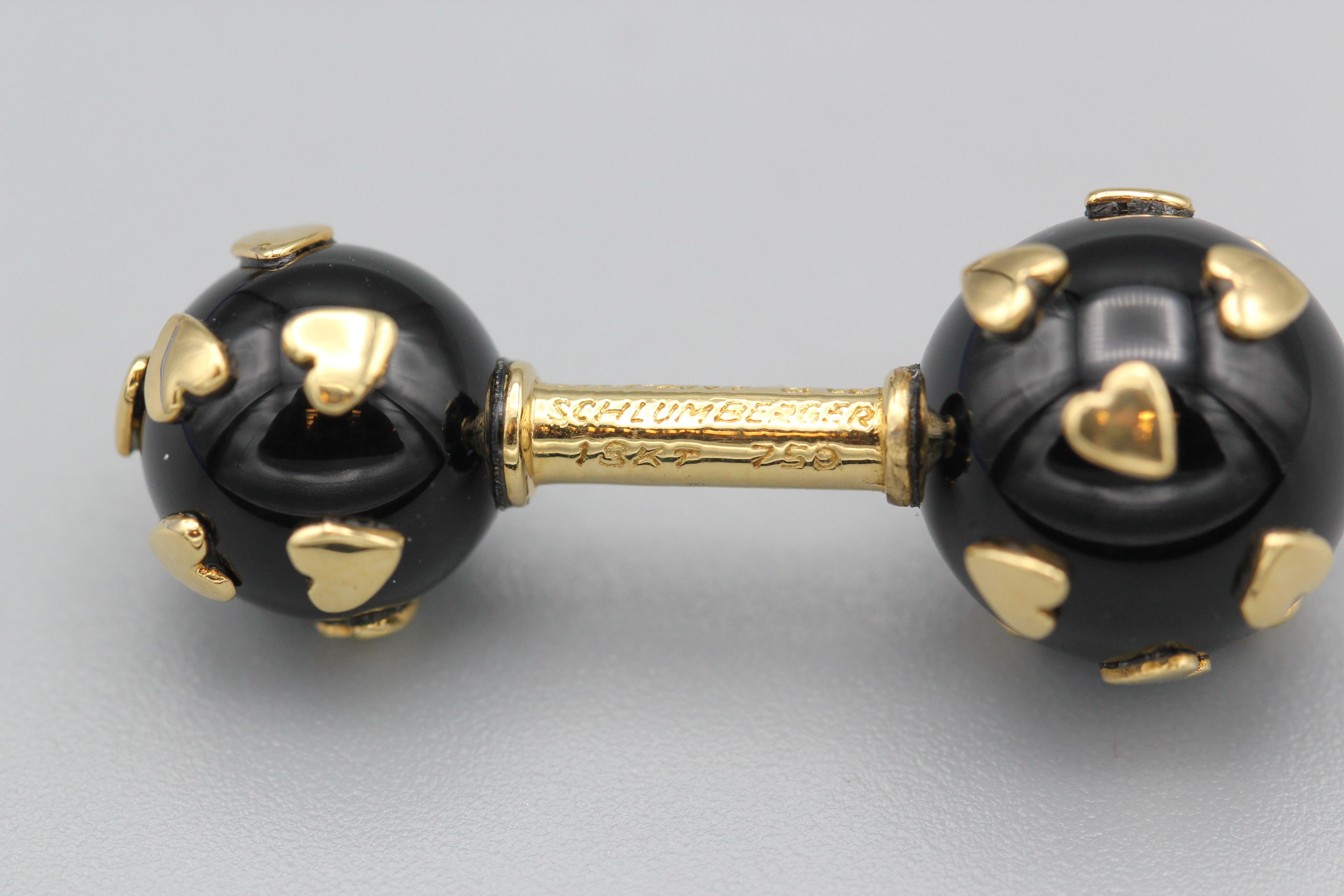 Tiffany & Co. Schlumberger Boutons de manchette Dumbbell en or 18 carats et onyx à motif de cœur Unisexe en vente
