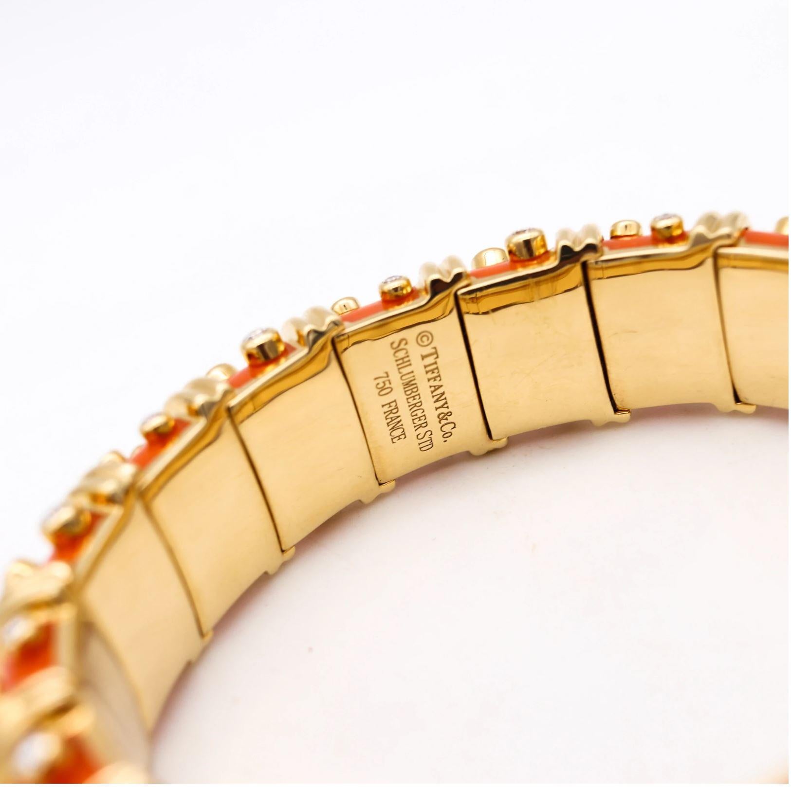 Modern Tiffany & Co. Schlumberger Orange Enamel Bangle Bracelet 18Kt Gold & Diamonds