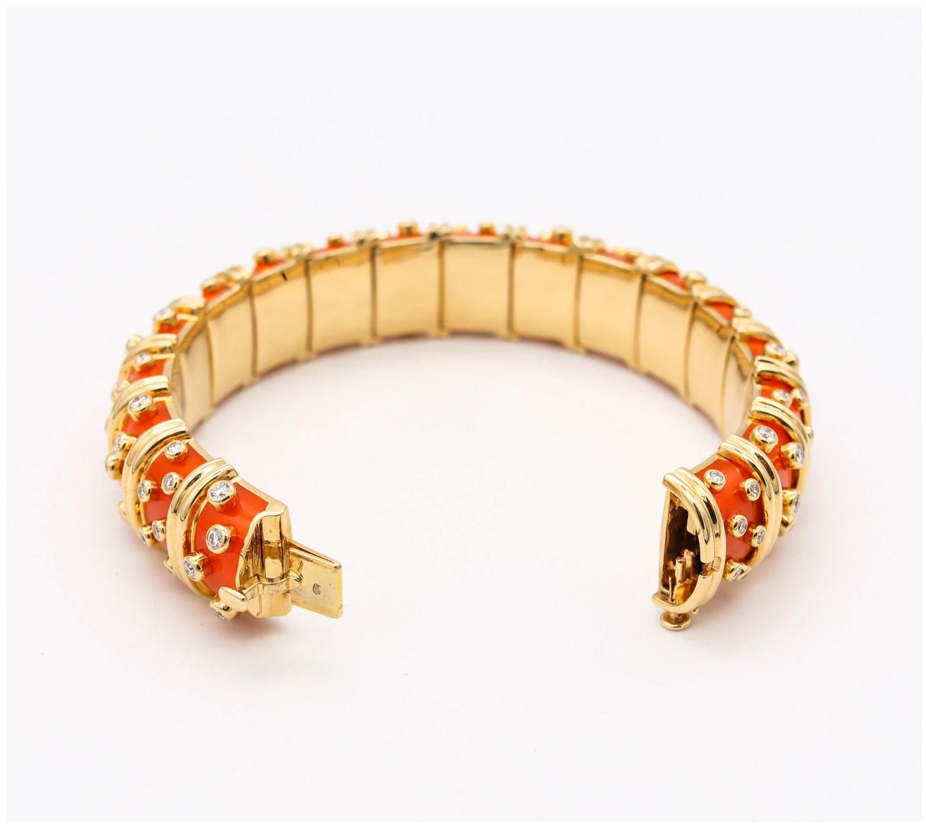 Brilliant Cut Tiffany & Co. Schlumberger Orange Enamel Bangle Bracelet 18Kt Gold & Diamonds