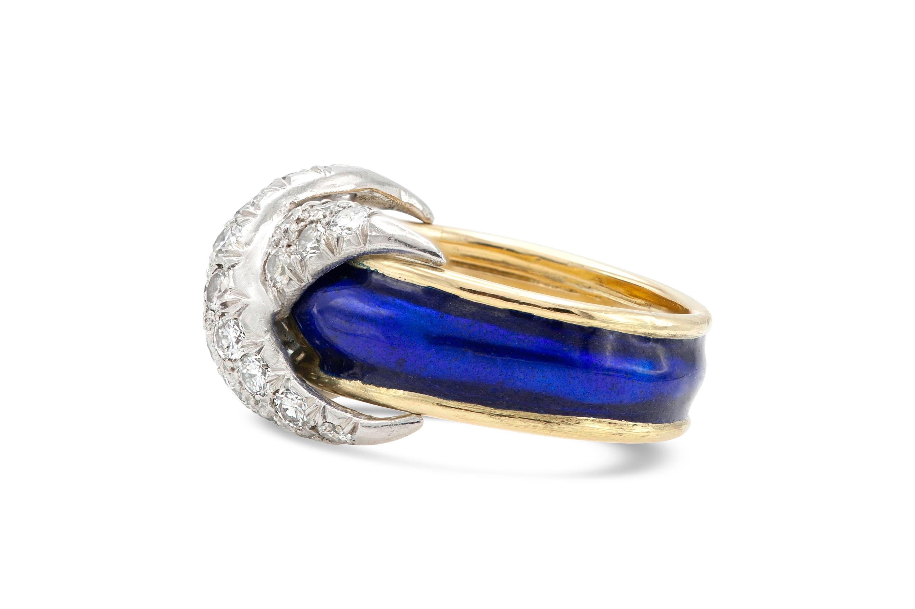 Finely crafted in 18K gold and platinum with blue enamel and pavé round-cut diamonds weighing a total of 0.85 carat. Signed Schlumberger and Tiffany & Co.
