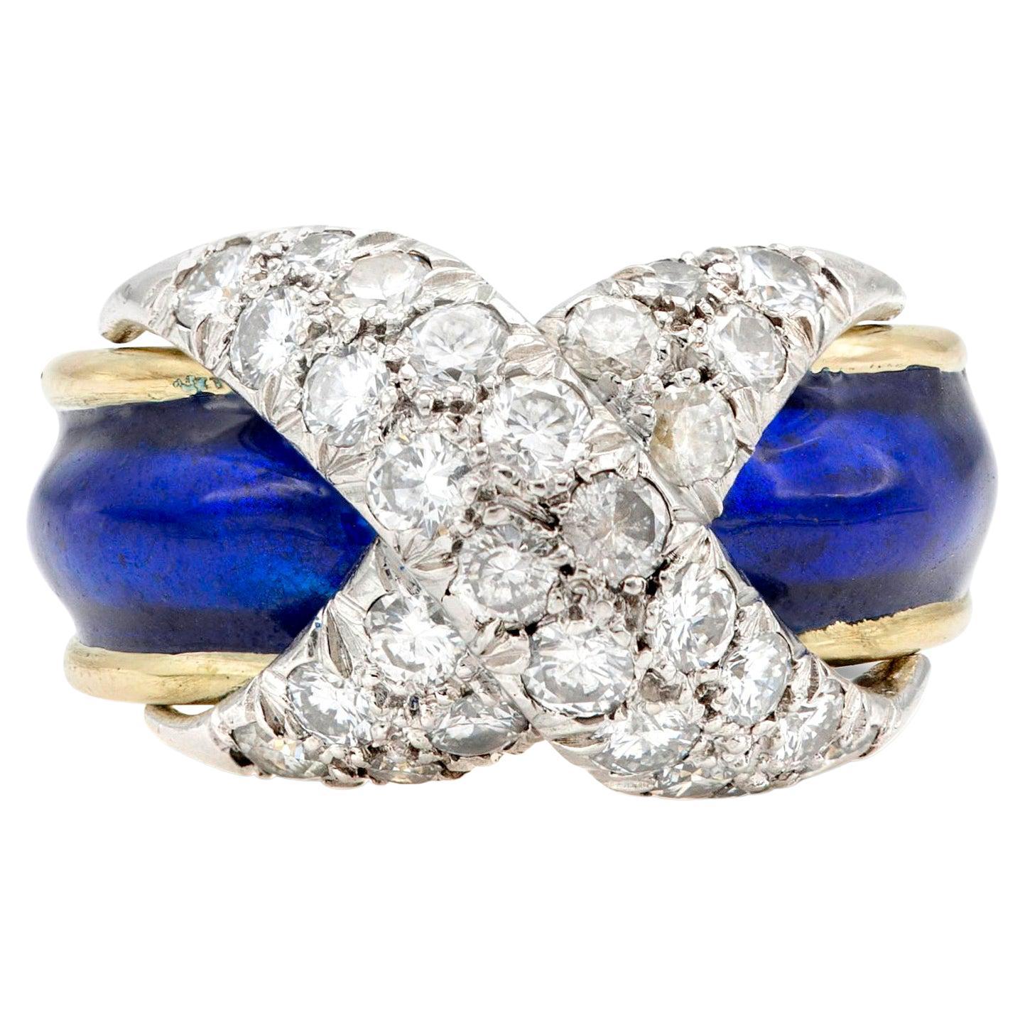 Tiffany & Co. Bague Schlumberger Pavé "X" avec émail bleu