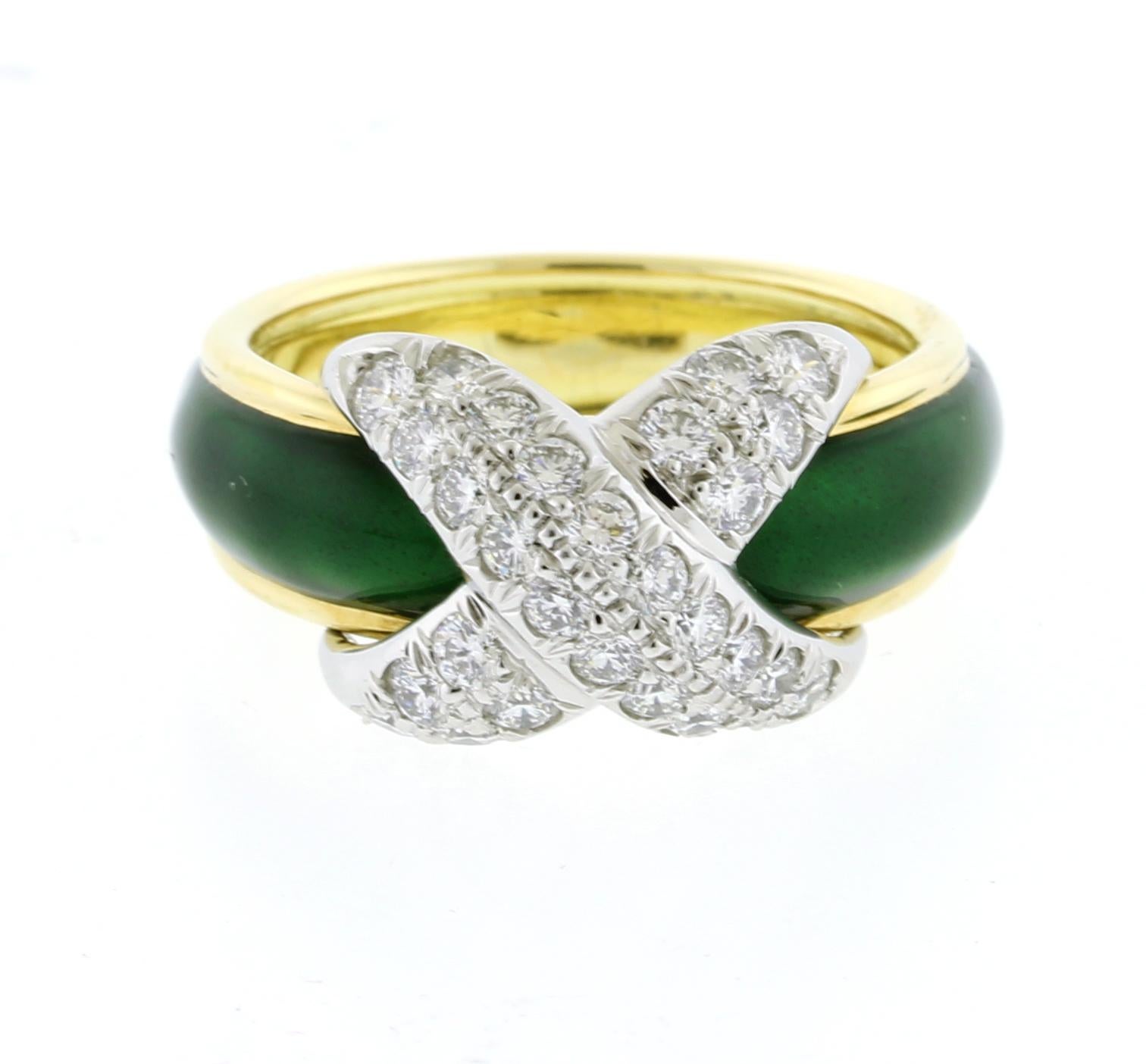 Tiffany & Co. Schlumberger Pave X Ring mit Grün  Emaille (Brillantschliff) im Angebot