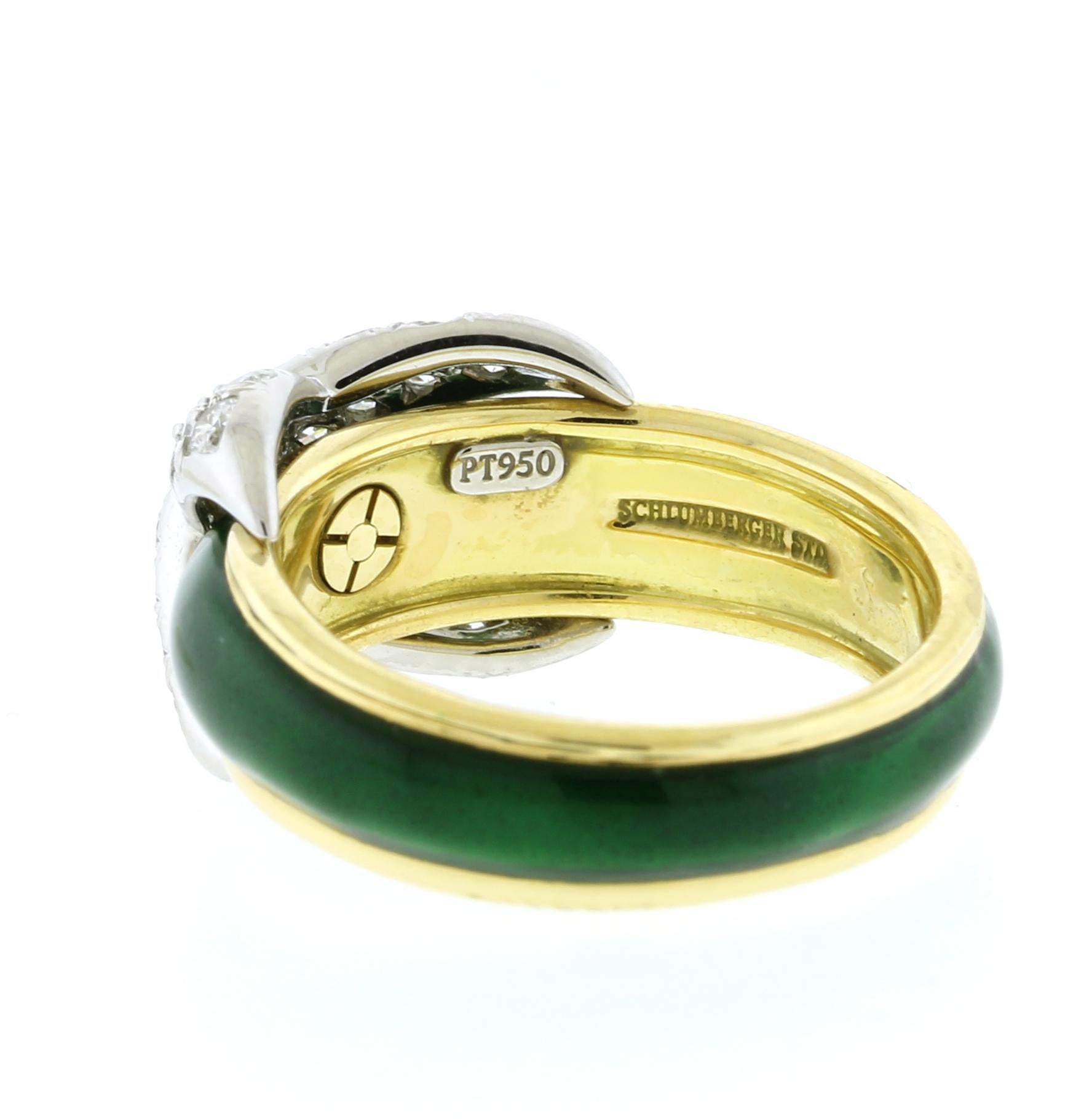 Brilliant Cut Tiffany & Co. Schlumberger Pave X Ring with Green  Enamel For Sale