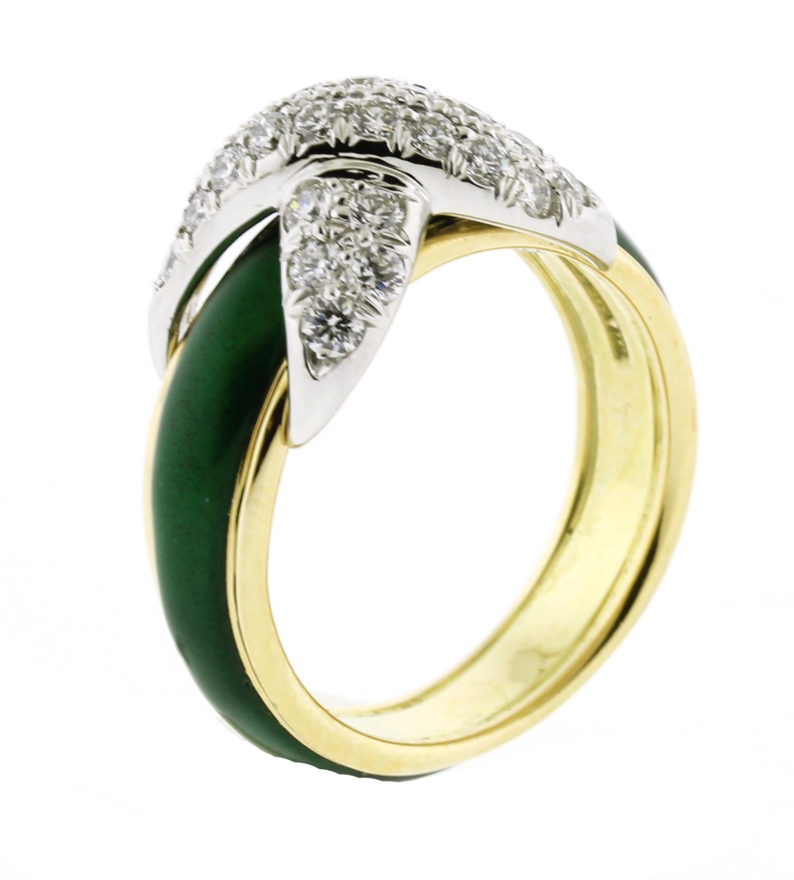 Tiffany & Co. Schlumberger Pave X Ring with Green  Enamel In Excellent Condition For Sale In Bethesda, MD