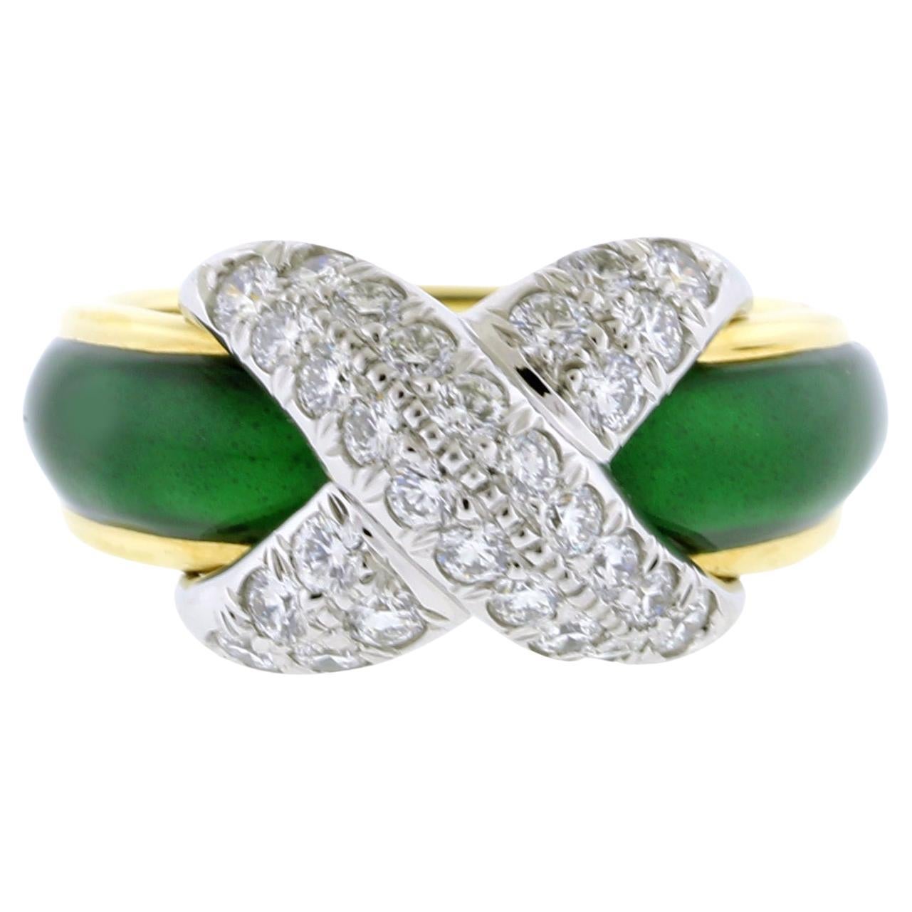 Tiffany & Co. Schlumberger Pave X Ring with Green  Enamel