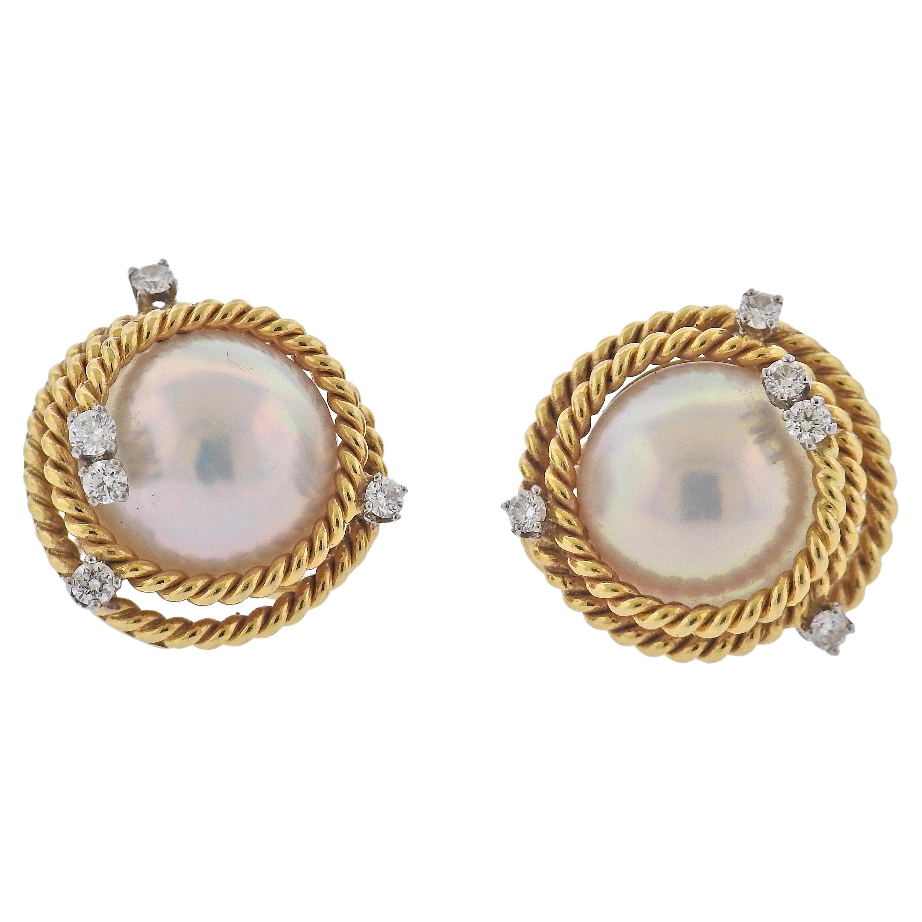 Tiffany & Co Schlumberger Pearl Diamond Gold Platinum Rope Earrings
